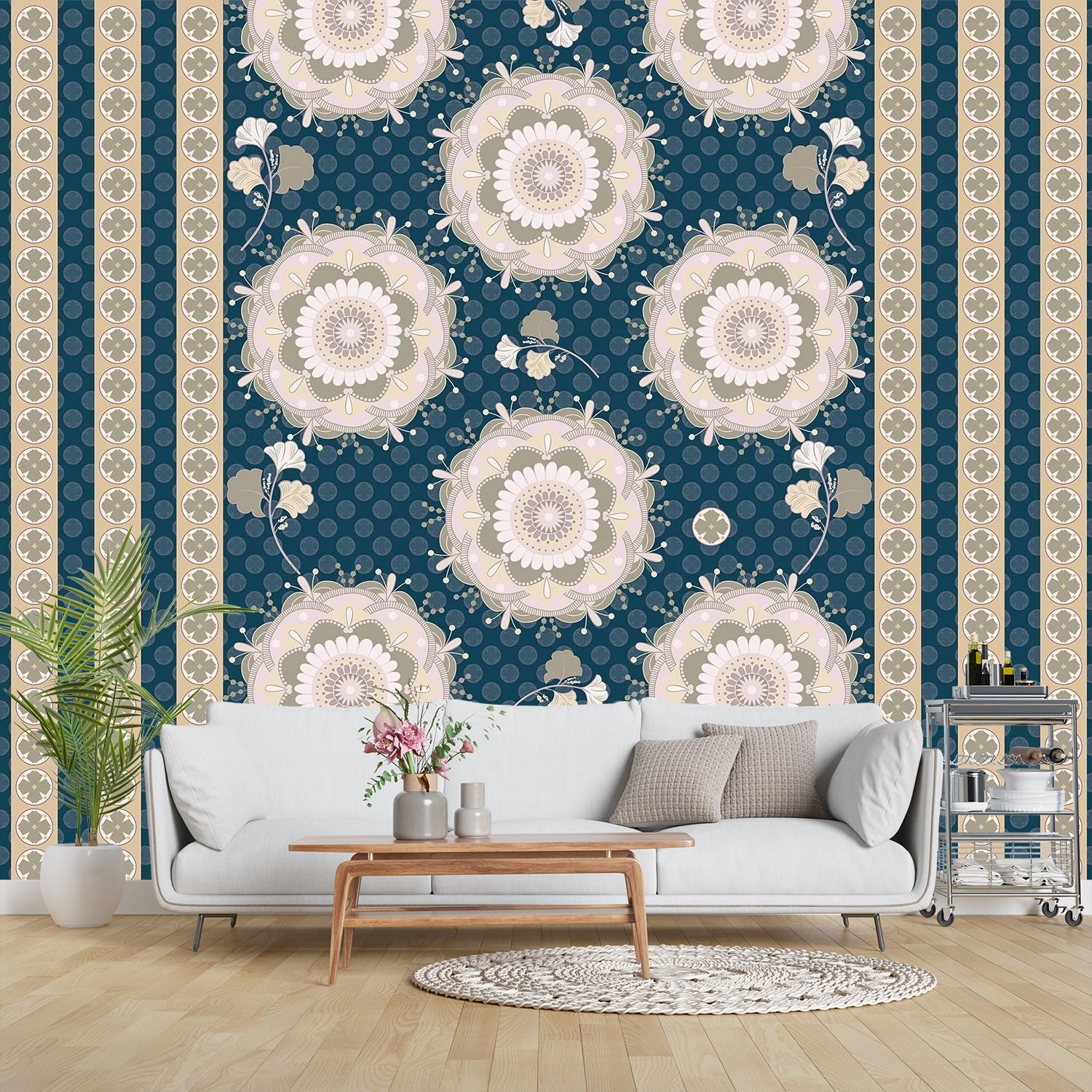 Soft sage green and beige circular medallions with delicate floral details on textured background - view 20 - final