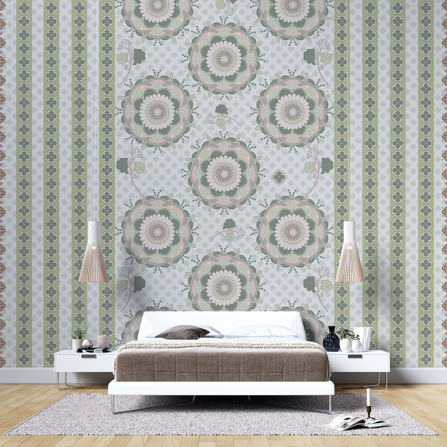 Soft sage green and beige circular medallions with delicate floral details on textured background - view 3 - final bed-room