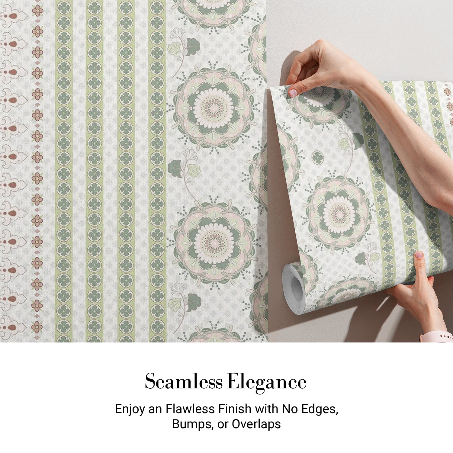 Soft sage green and beige circular medallions with delicate floral details on textured background - view 4 - final