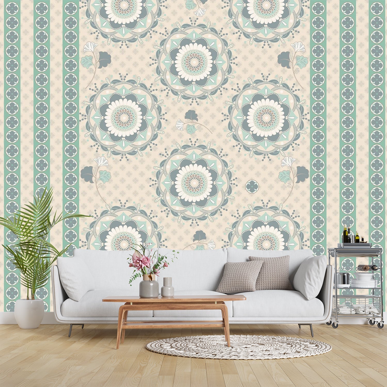 Soft sage green and beige circular medallions with delicate floral details on textured background - view 8 - final