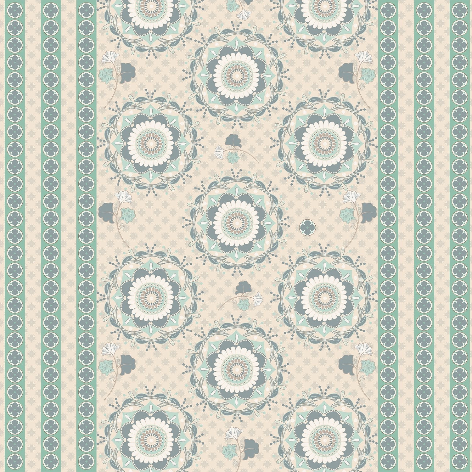 Soft sage green and beige circular medallions with delicate floral details on textured background - view 9 - final