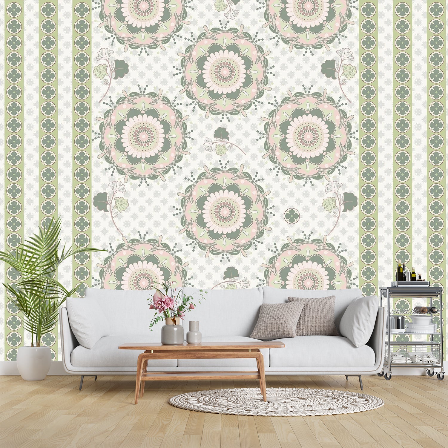 Soft sage green and beige circular medallions with delicate floral details on textured background - final living-room