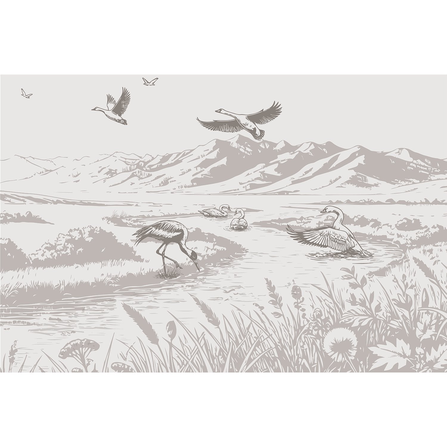 Tranquil cranes and swans scenic fauna wallpaper in lea - "peace and serenity" wallpaper mural-equal final