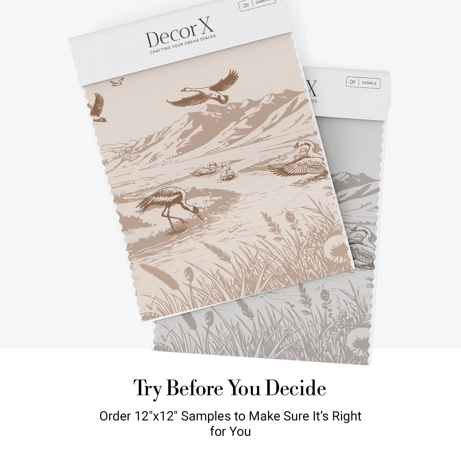 Monochromatic nature scene with flying cranes and wading birds against mountainous landscape backdrop - view 11 - final all-groups samples