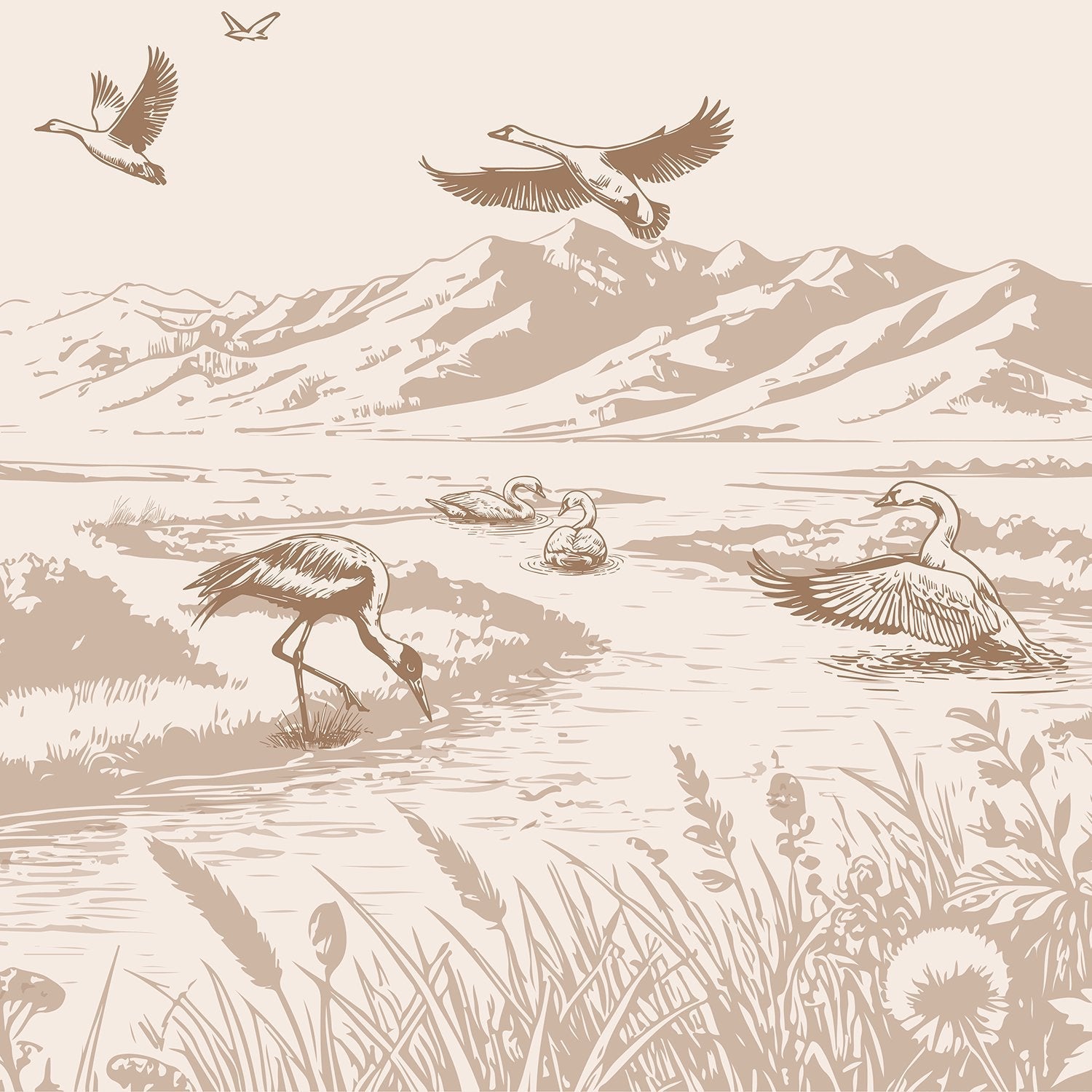 Monochromatic nature scene with flying cranes and wading birds against mountainous landscape backdrop - view 2 - final