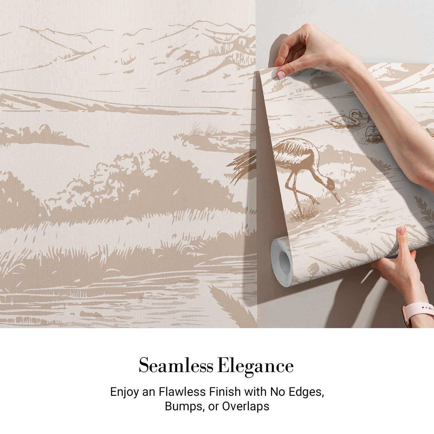 Monochromatic nature scene with flying cranes and wading birds against mountainous landscape backdrop - view 3 - final