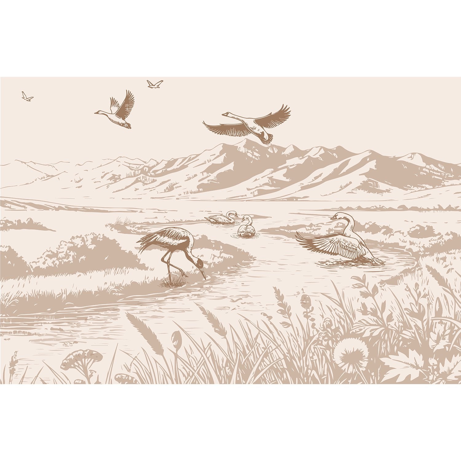 Tranquil cranes and swans scenic fauna wallpaper in lea - "peace and serenity" wallpaper mural-equal final