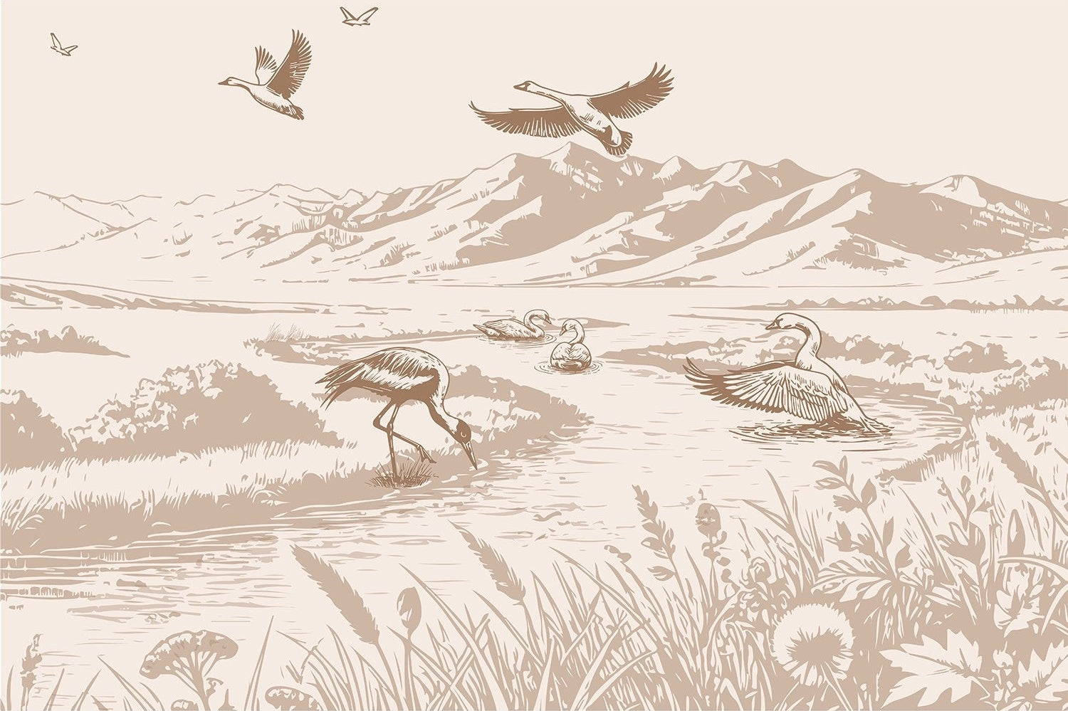 Tranquil cranes and swans scenic fauna wallpaper mural in lea - "peace and serenity" wallpaper mural-inequal final