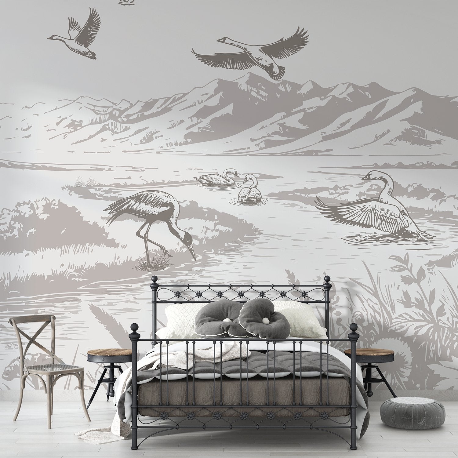 Monochromatic nature scene with flying cranes and wading birds against mountainous landscape backdrop - view 7 - final