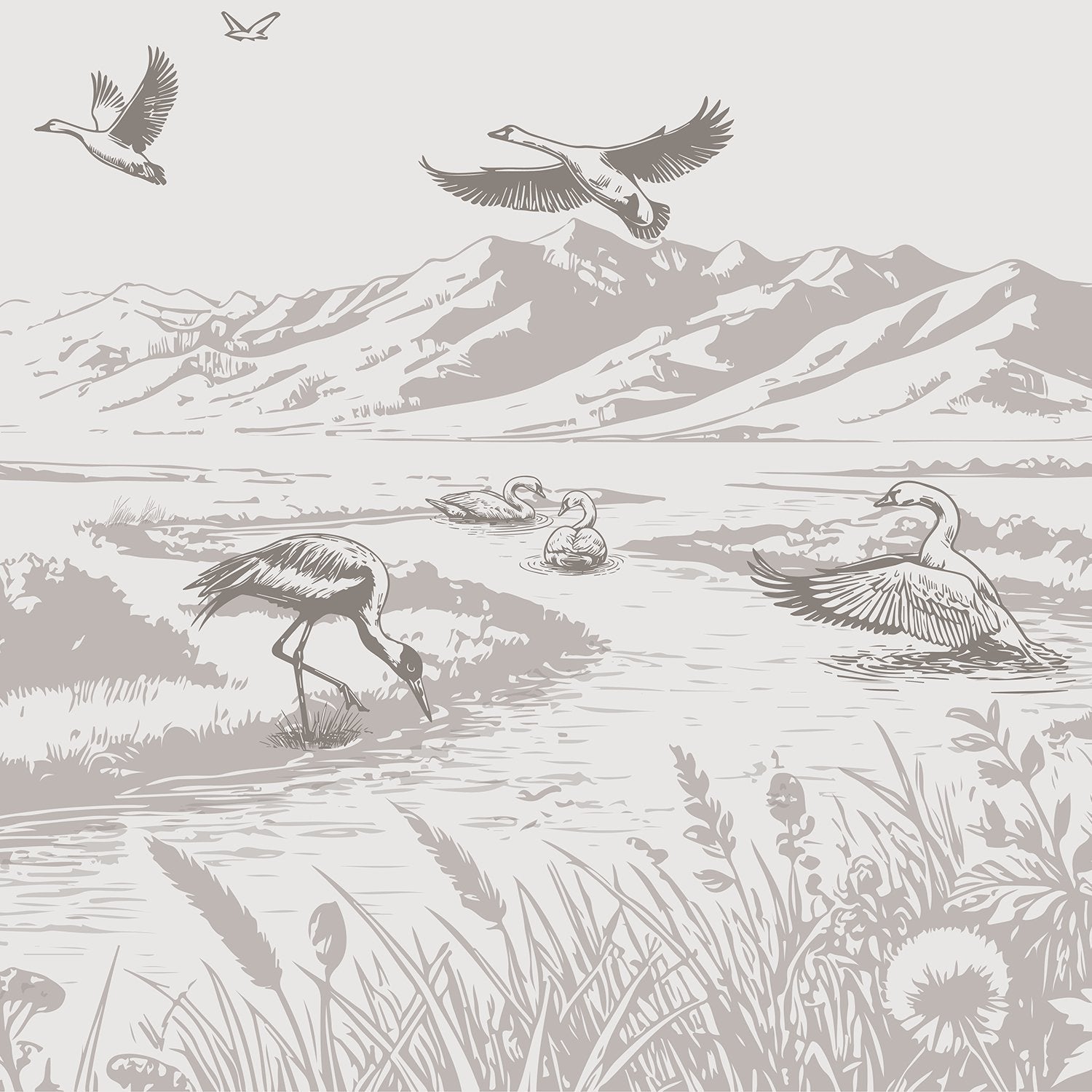 Monochromatic nature scene with flying cranes and wading birds against mountainous landscape backdrop - view 8 - final