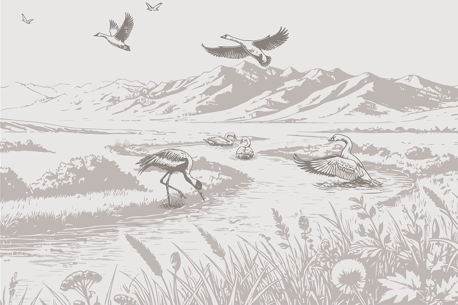 Tranquil cranes and swans scenic fauna wallpaper mural in lea - "peace and serenity" wallpaper mural-inequal final