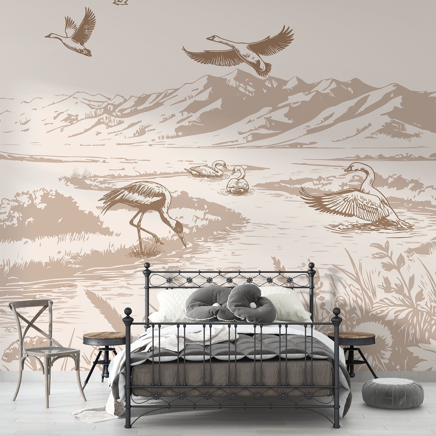 Monochromatic nature scene with flying cranes and wading birds against mountainous landscape backdrop - final bed-room