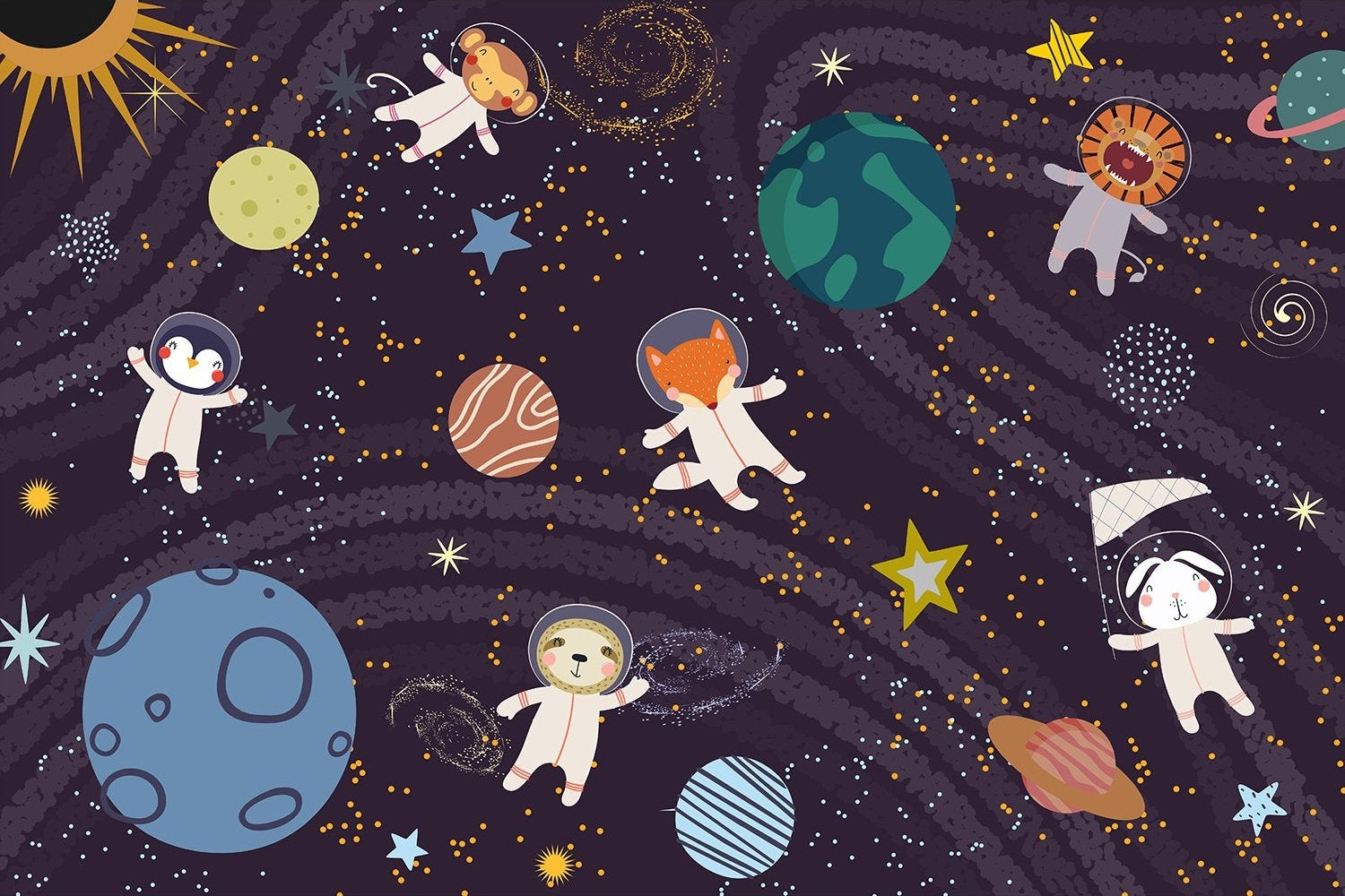 Astronaut space scene in lea - kids wallpaper mural-inequal final