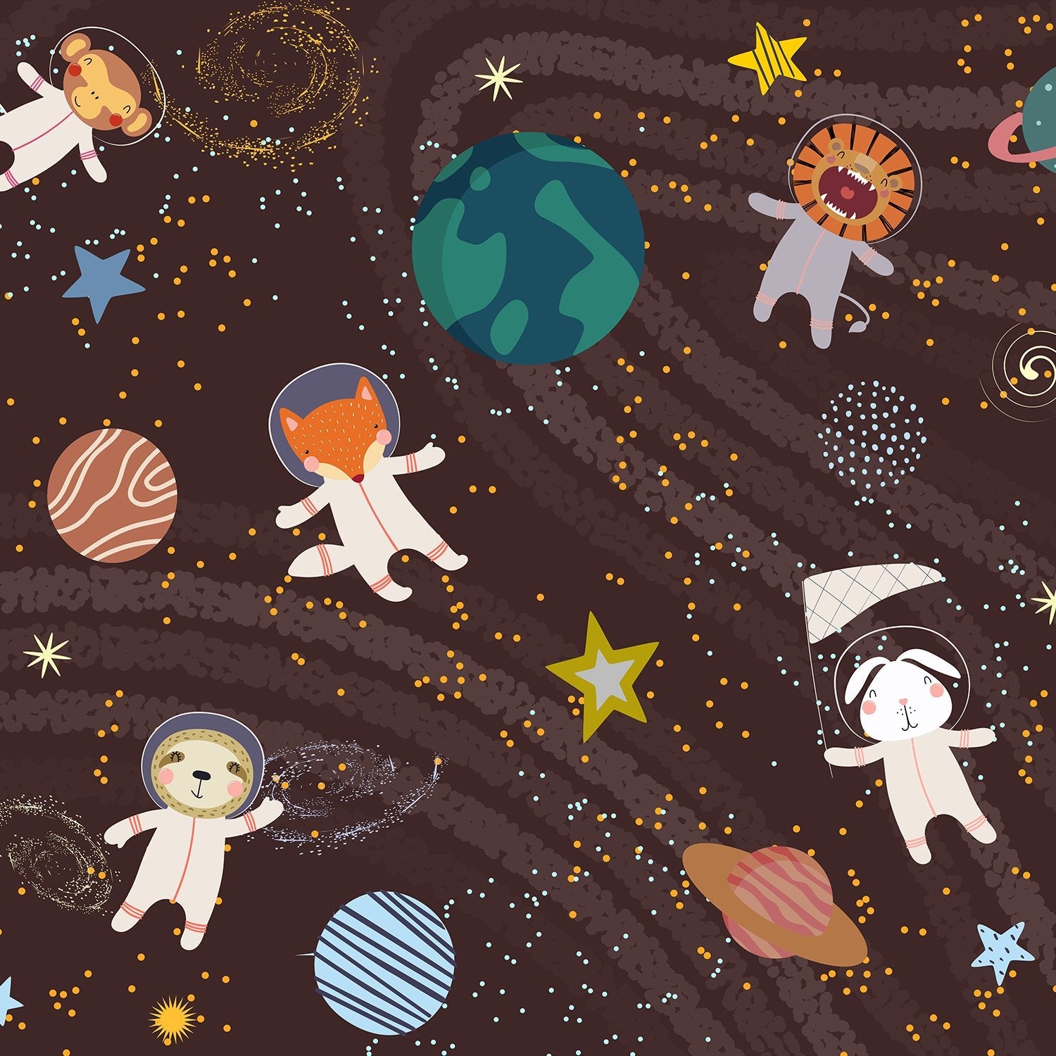 Whimsical cartoon animals floating in starry space with planets and celestial elements - view 12 - final