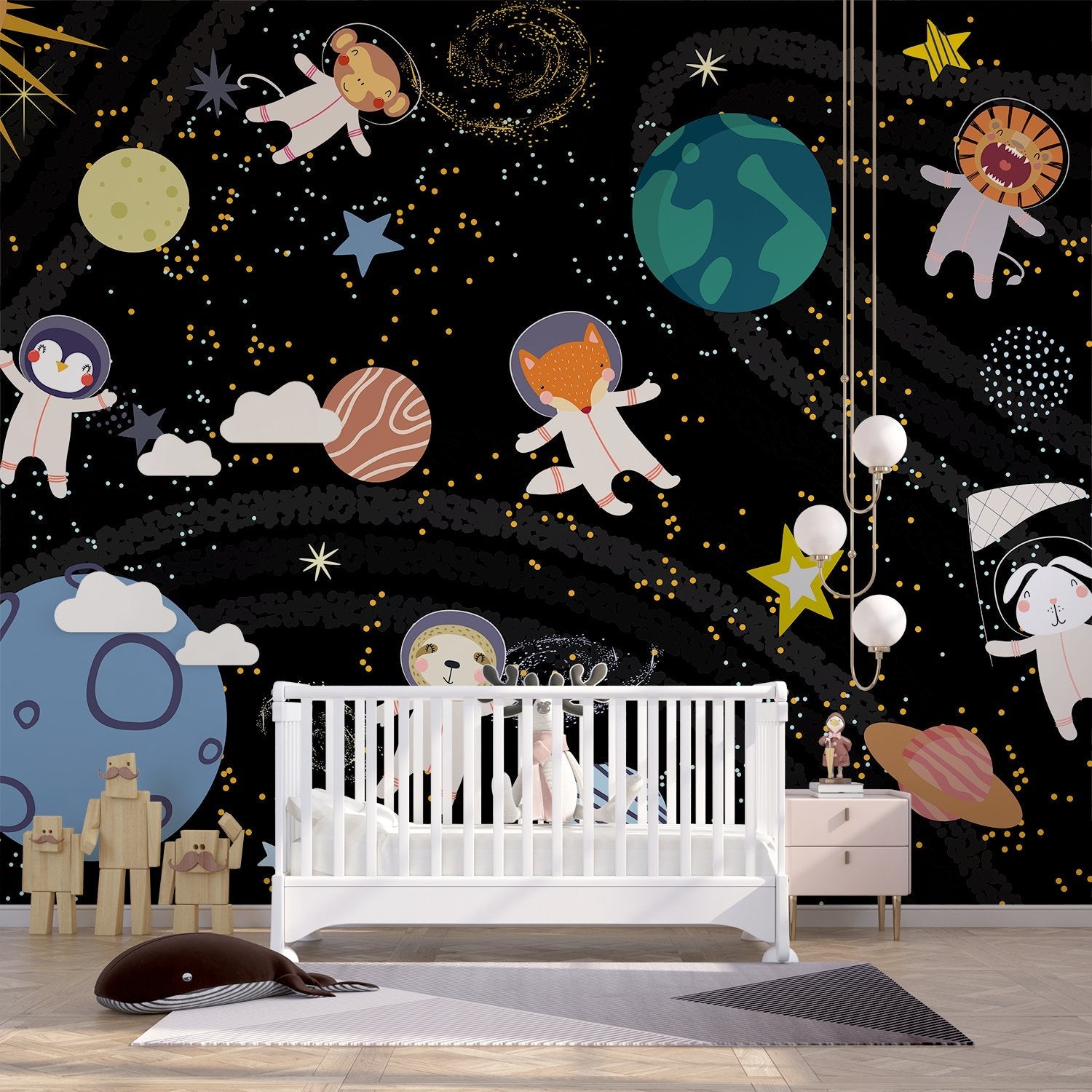 Whimsical cartoon animals floating in starry space with planets and celestial elements - view 15 - final