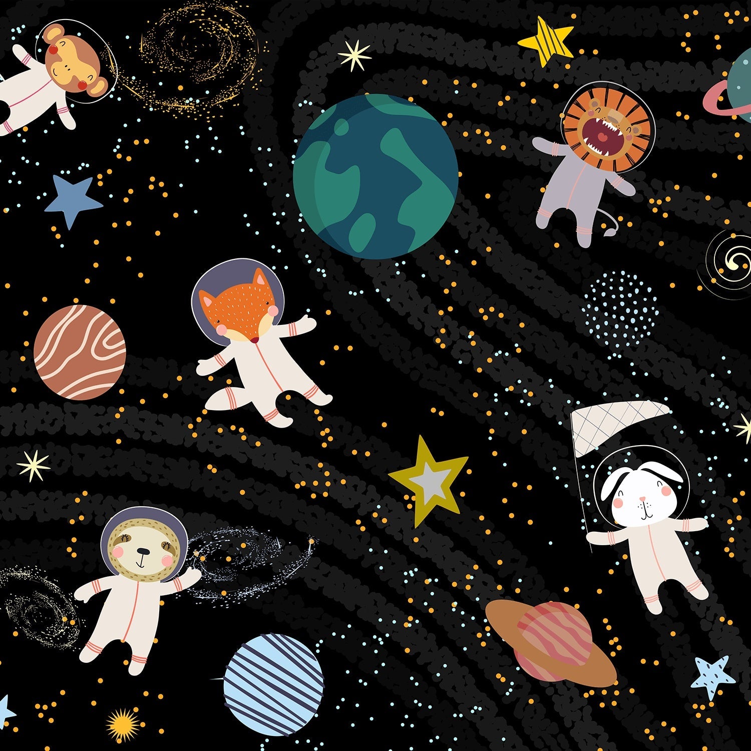Whimsical cartoon animals floating in starry space with planets and celestial elements - view 16 - final