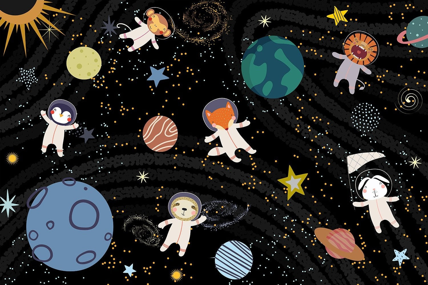 Astronaut space scene in lea - kids wallpaper mural-inequal final