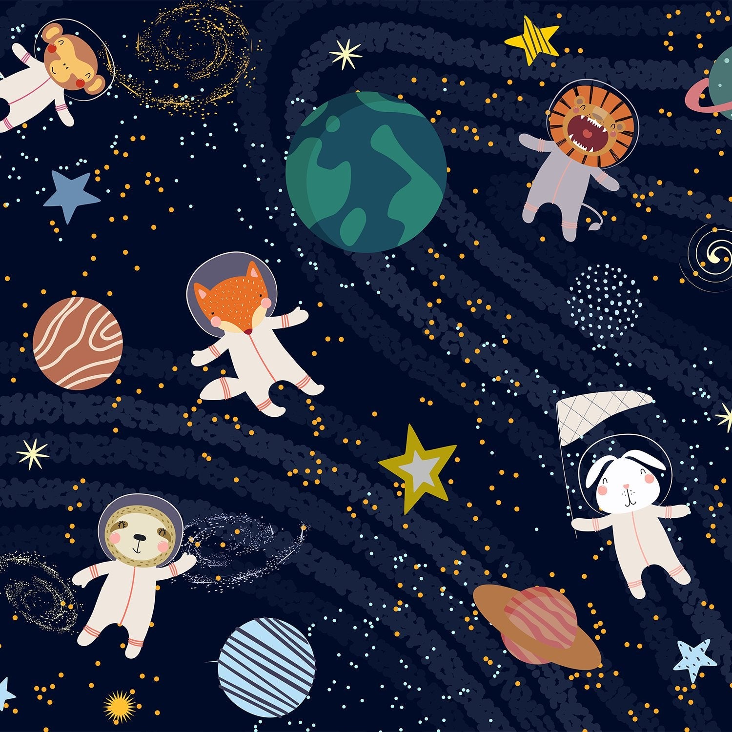 Whimsical cartoon animals floating in starry space with planets and celestial elements - view 2 - final