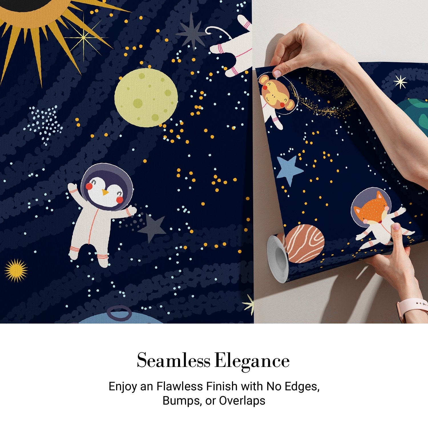 Whimsical cartoon animals floating in starry space with planets and celestial elements - view 3 - final