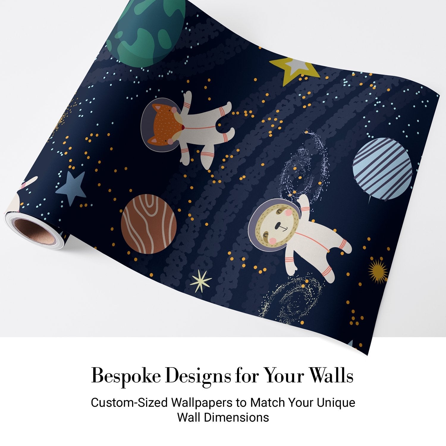 Whimsical cartoon animals floating in starry space with planets and celestial elements - view 4 - final