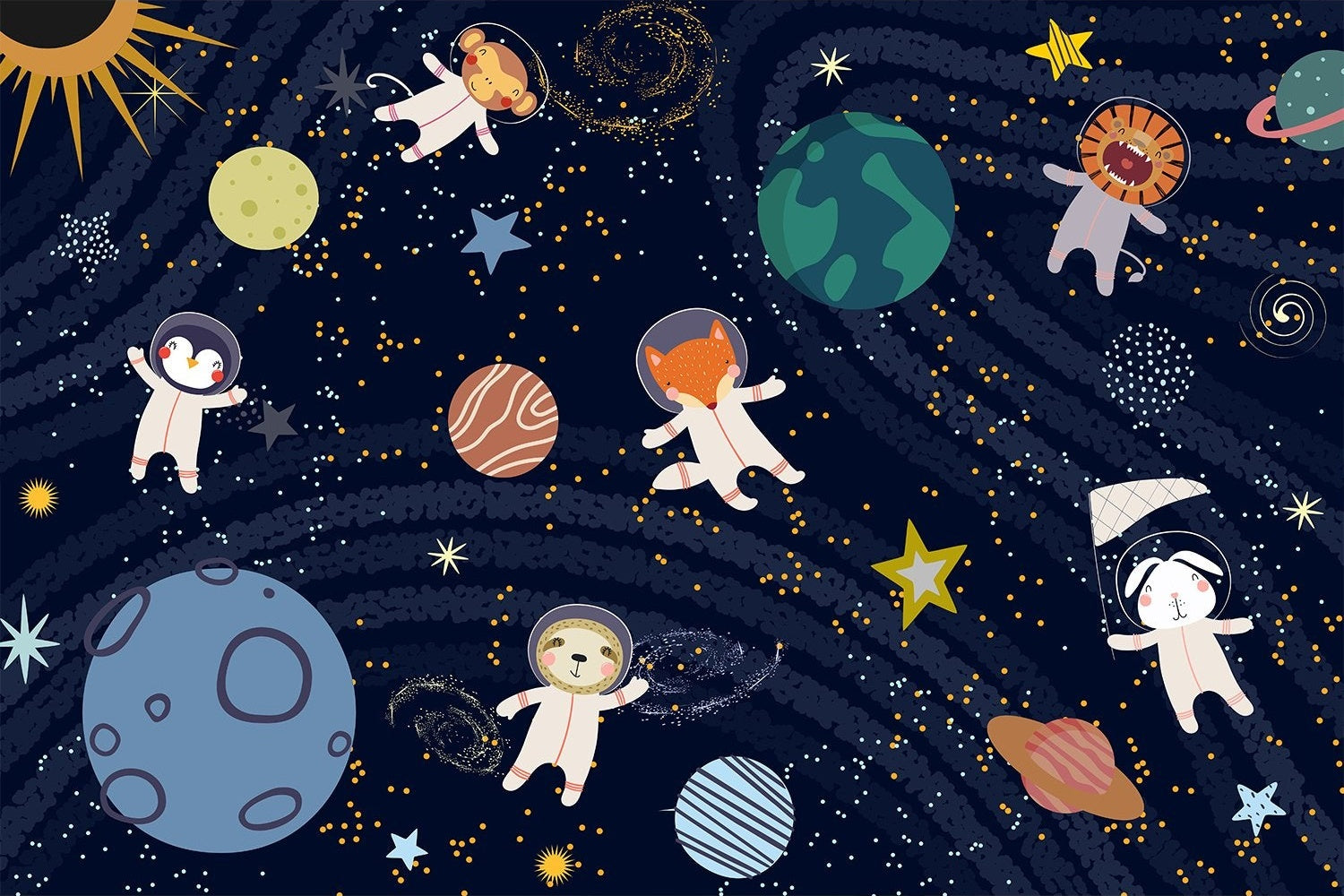 Astronaut space scene in lea - kids wallpaper mural-inequal final