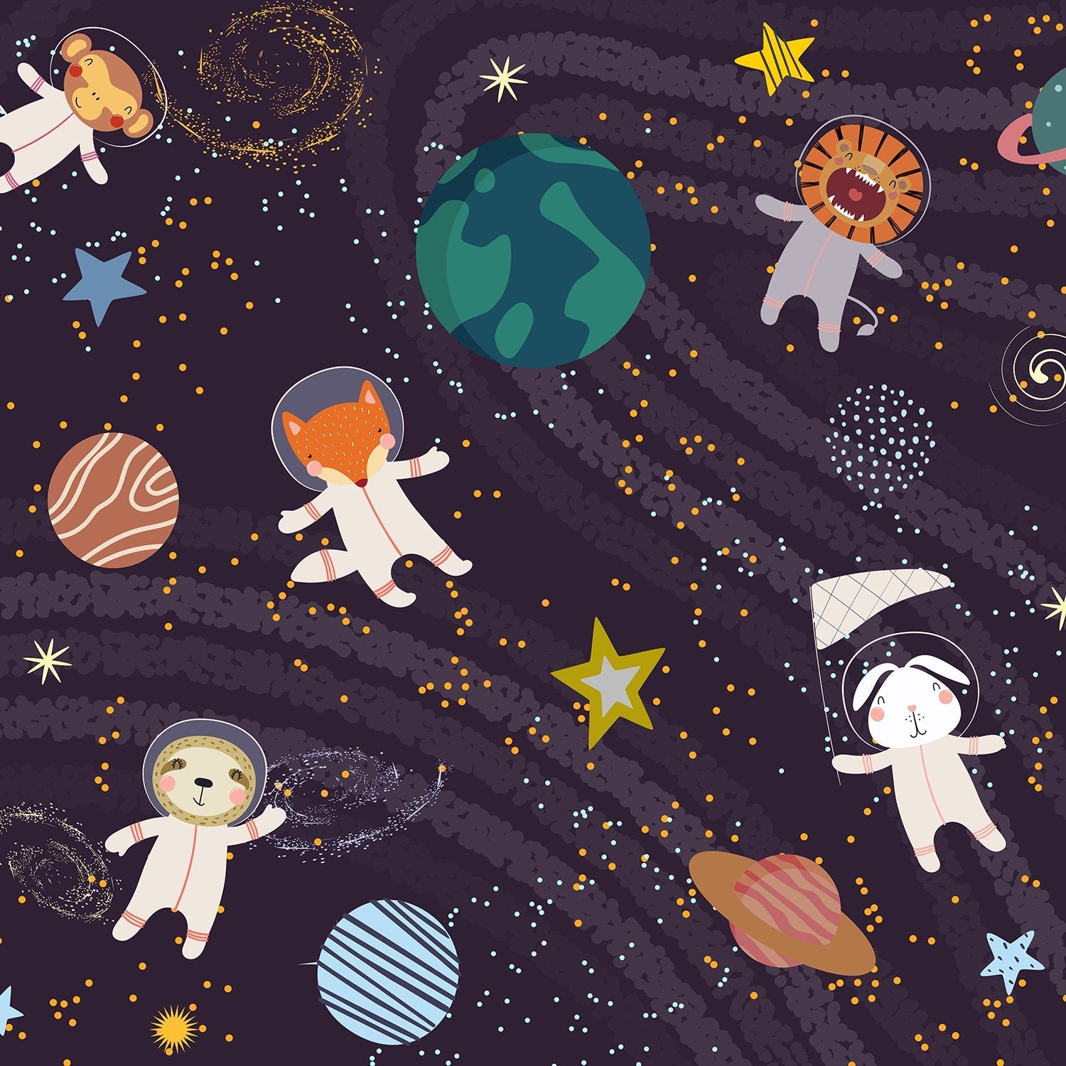 Whimsical cartoon animals floating in starry space with planets and celestial elements - view 8 - final