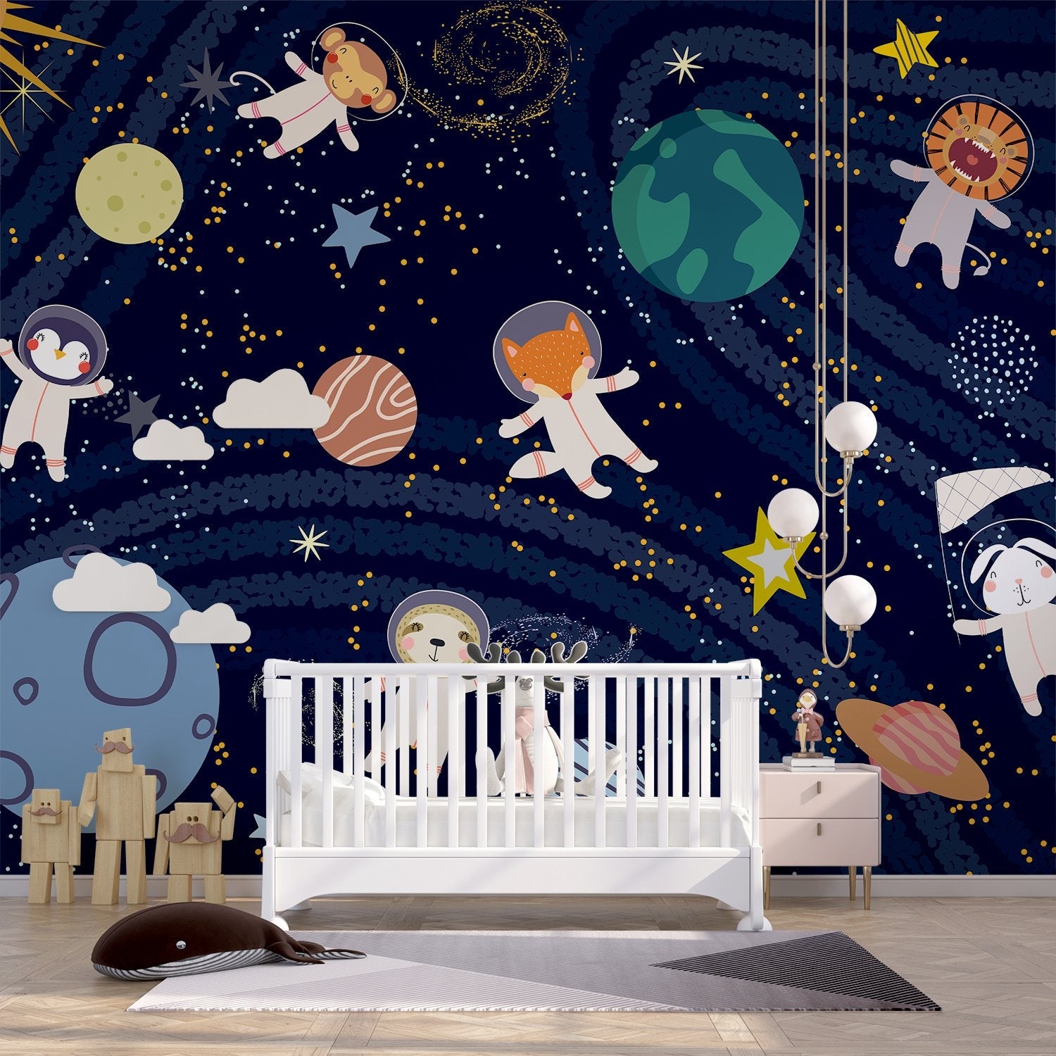 Whimsical cartoon animals floating in starry space with planets and celestial elements - final kids-room