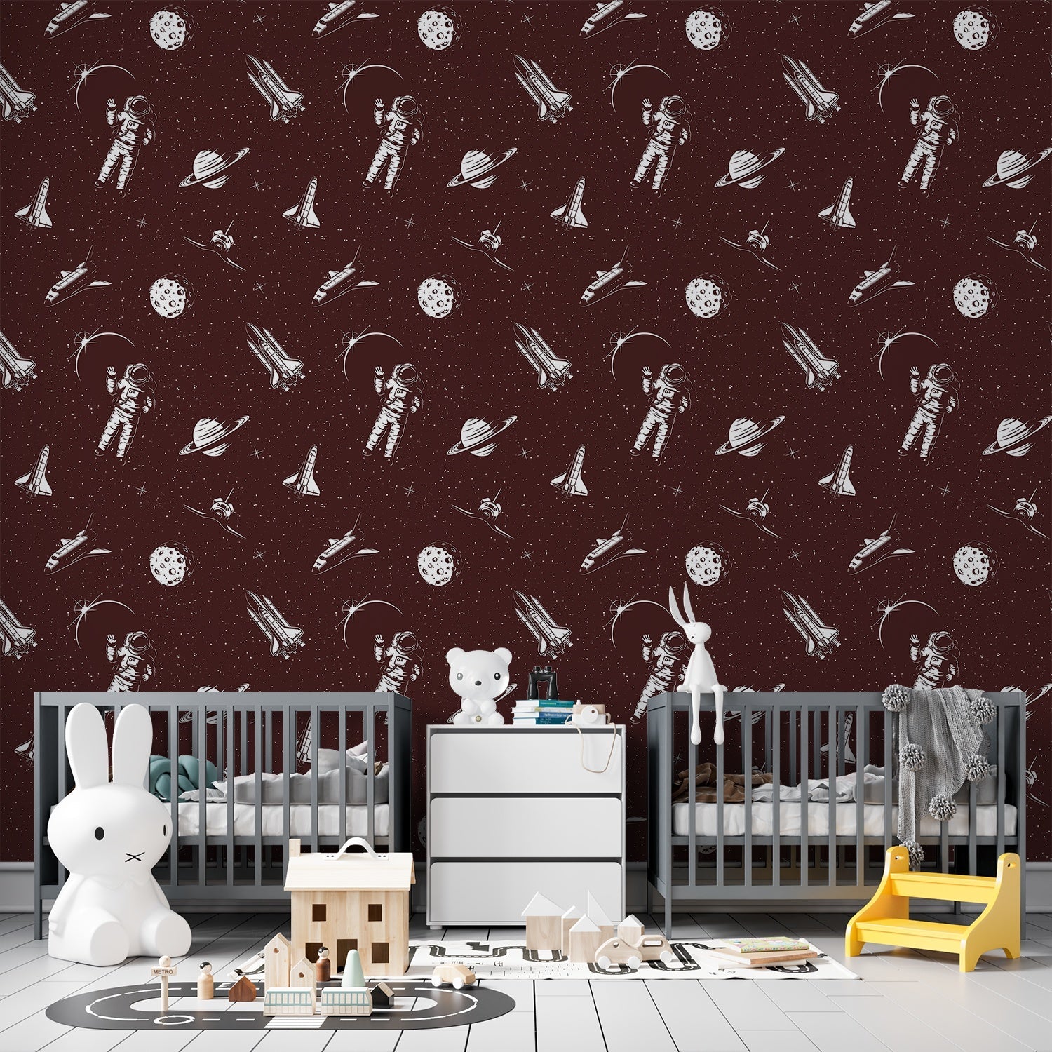 Black and white space themed pattern with astronauts, planets and rockets in modern style - view 10 - final kids-room