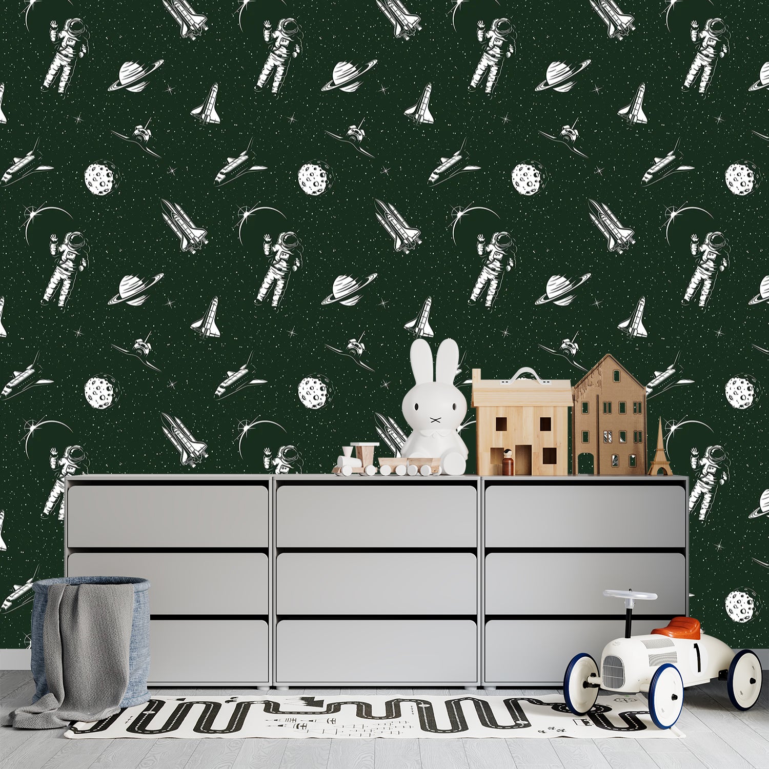 Black and white space themed pattern with astronauts, planets and rockets in modern style - view 13 - final kids-room