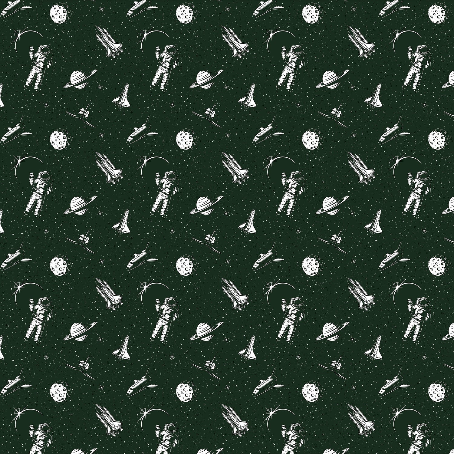 Black and white space themed pattern with astronauts, planets and rockets in modern style - view 14 - final