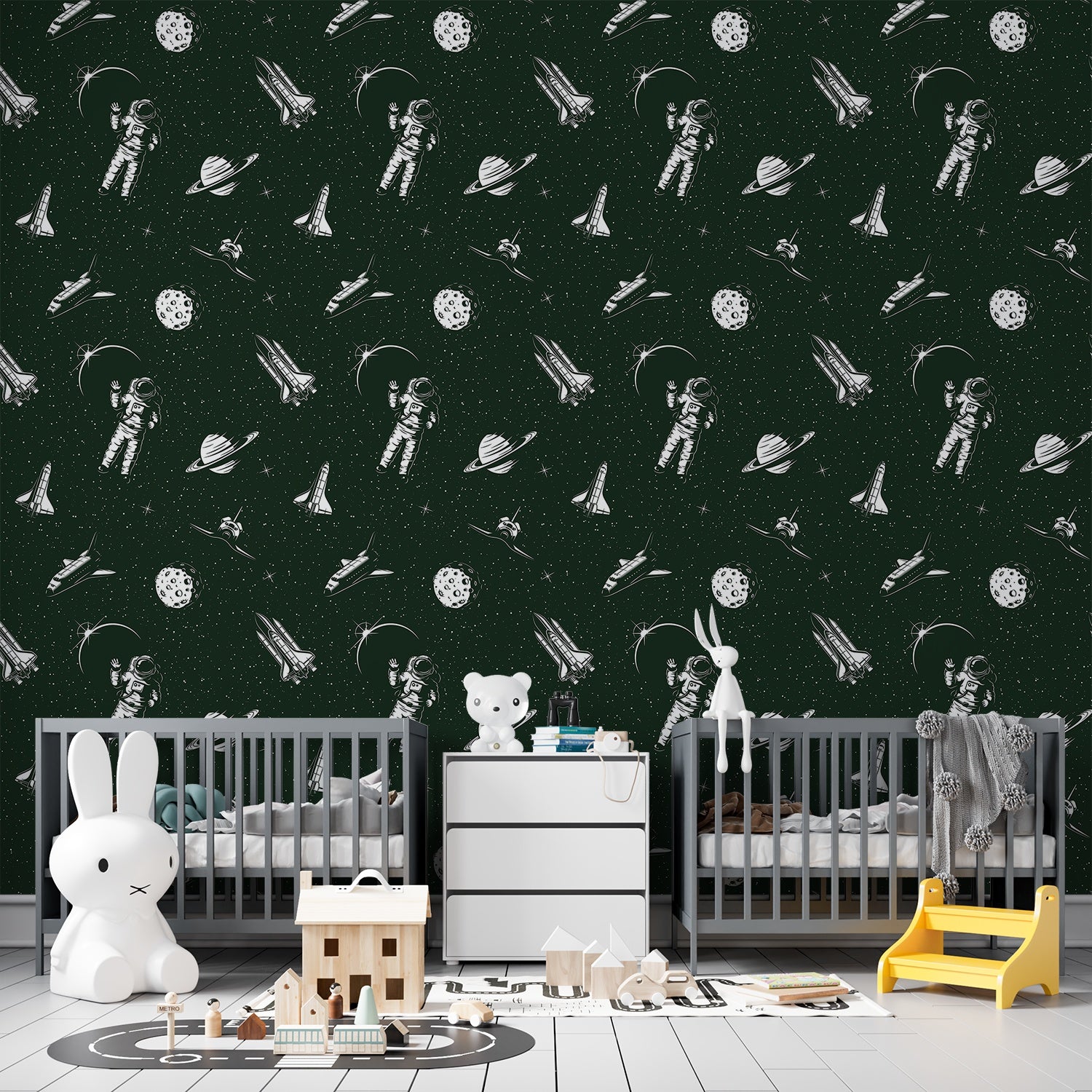Black and white space themed pattern with astronauts, planets and rockets in modern style - view 15 - final kids-room