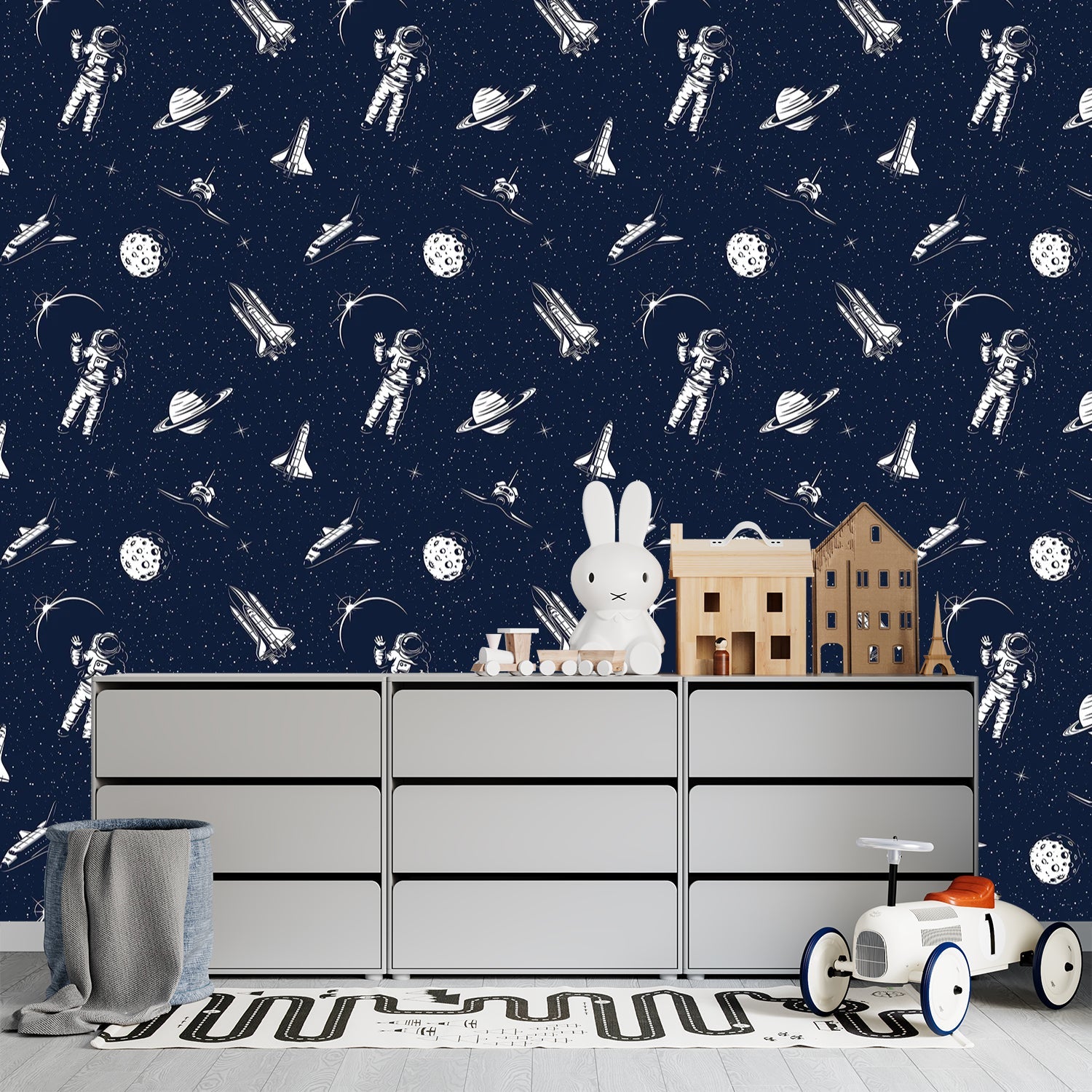 Black and white space themed pattern with astronauts, planets and rockets in modern style - view 18 - final kids-room