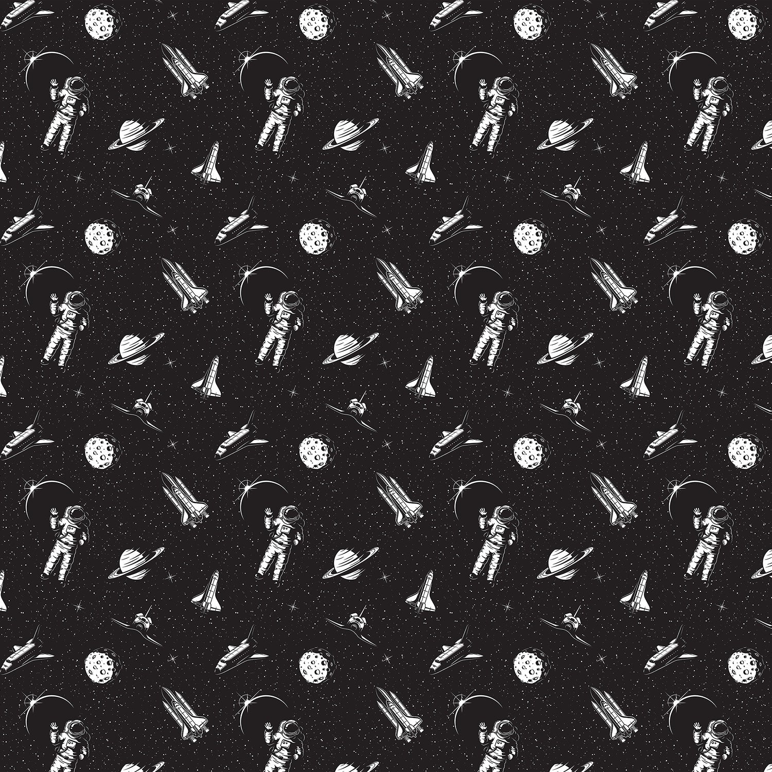 Black and white space themed pattern with astronauts, planets and rockets in modern style - view 2 - final