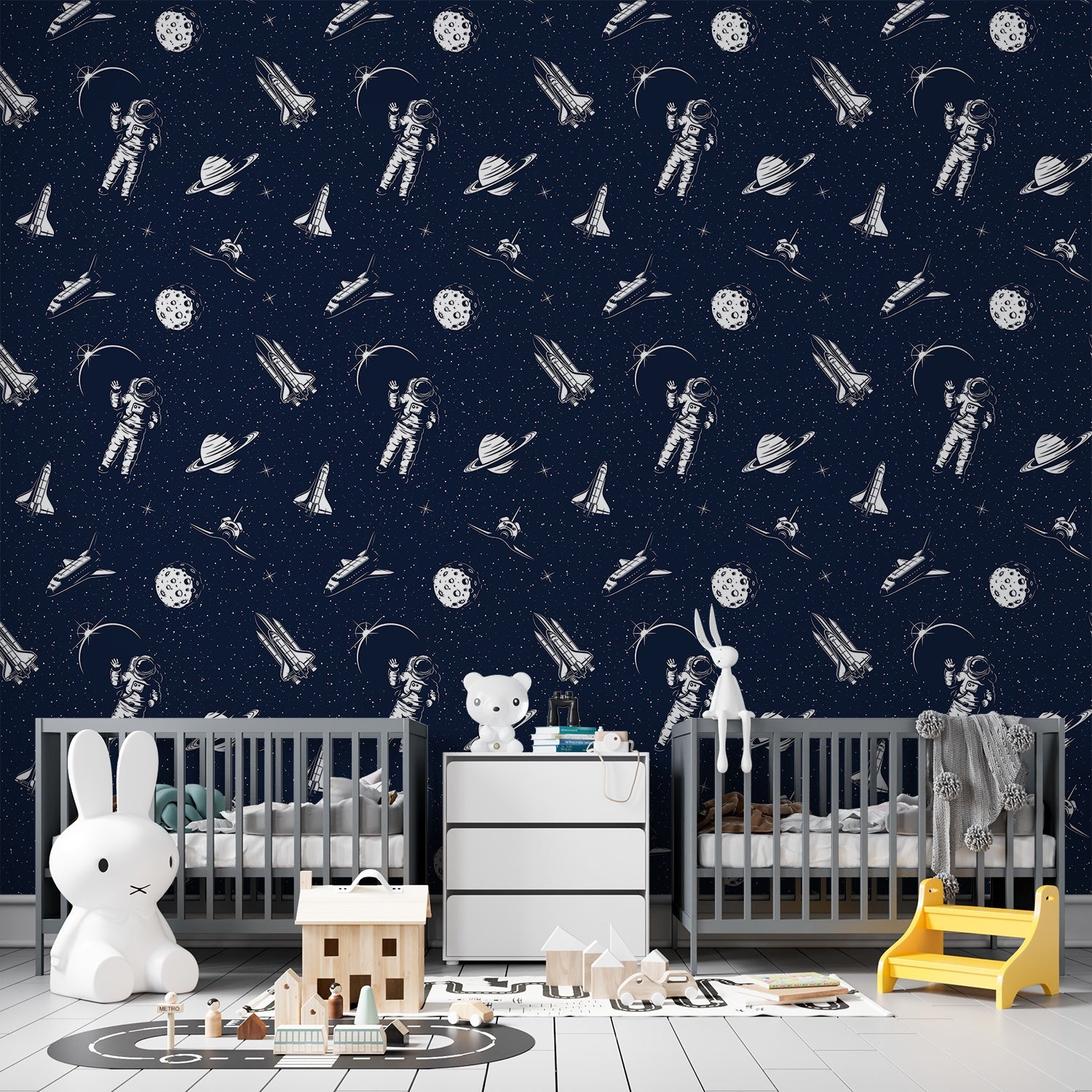 Black and white space themed pattern with astronauts, planets and rockets in modern style - view 20 - final kids-room