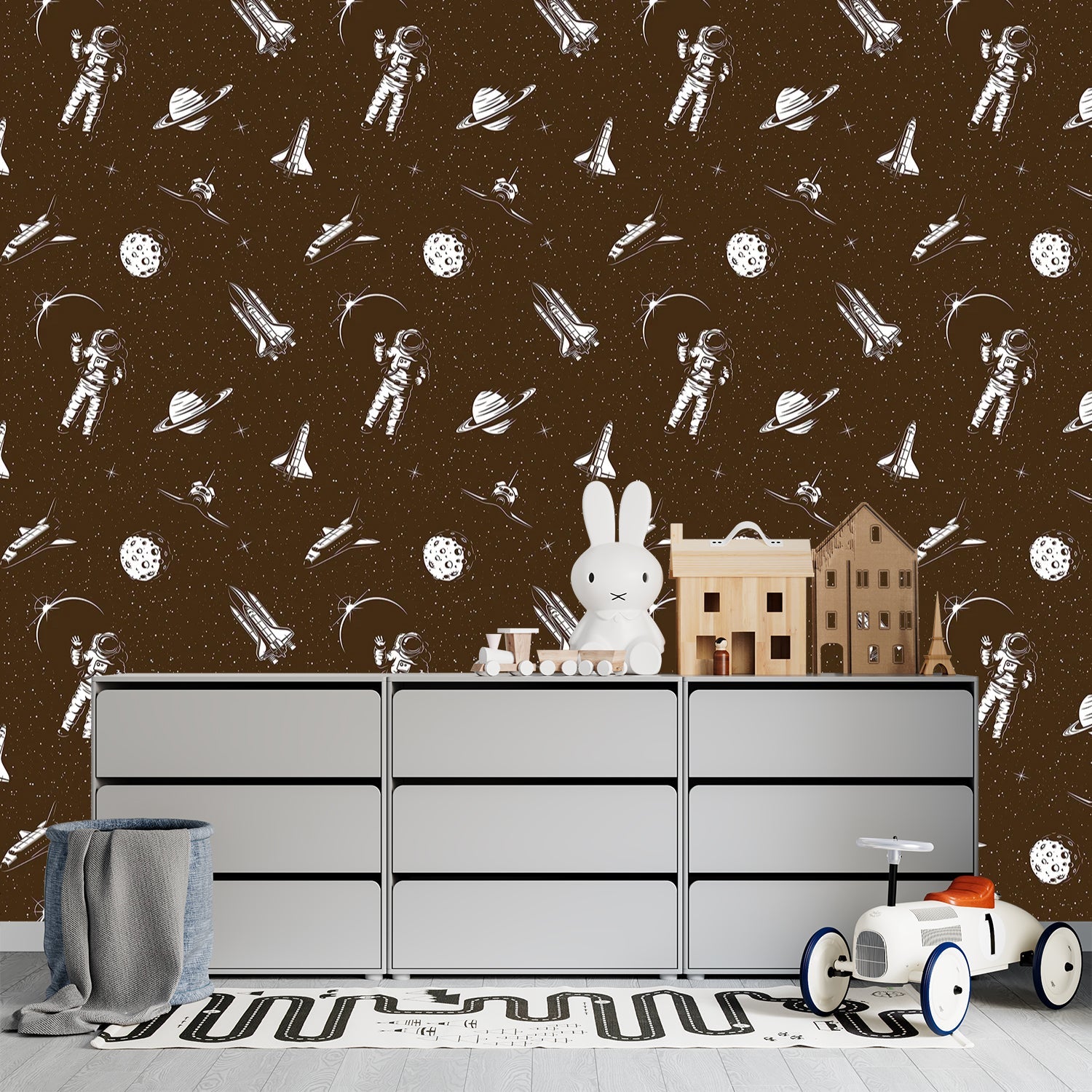Black and white space themed pattern with astronauts, planets and rockets in modern style - view 23 - final kids-room