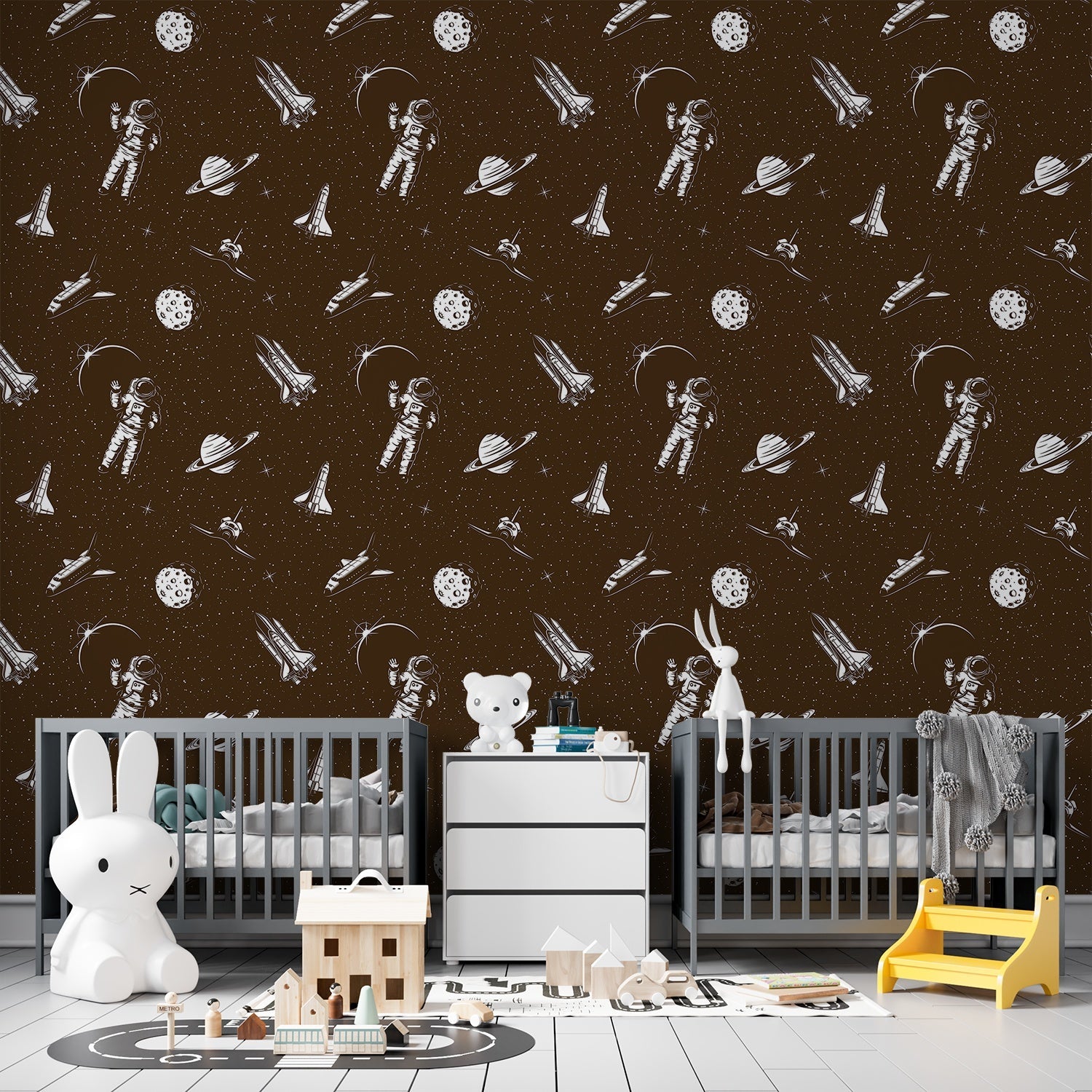 Black and white space themed pattern with astronauts, planets and rockets in modern style - view 25 - final kids-room