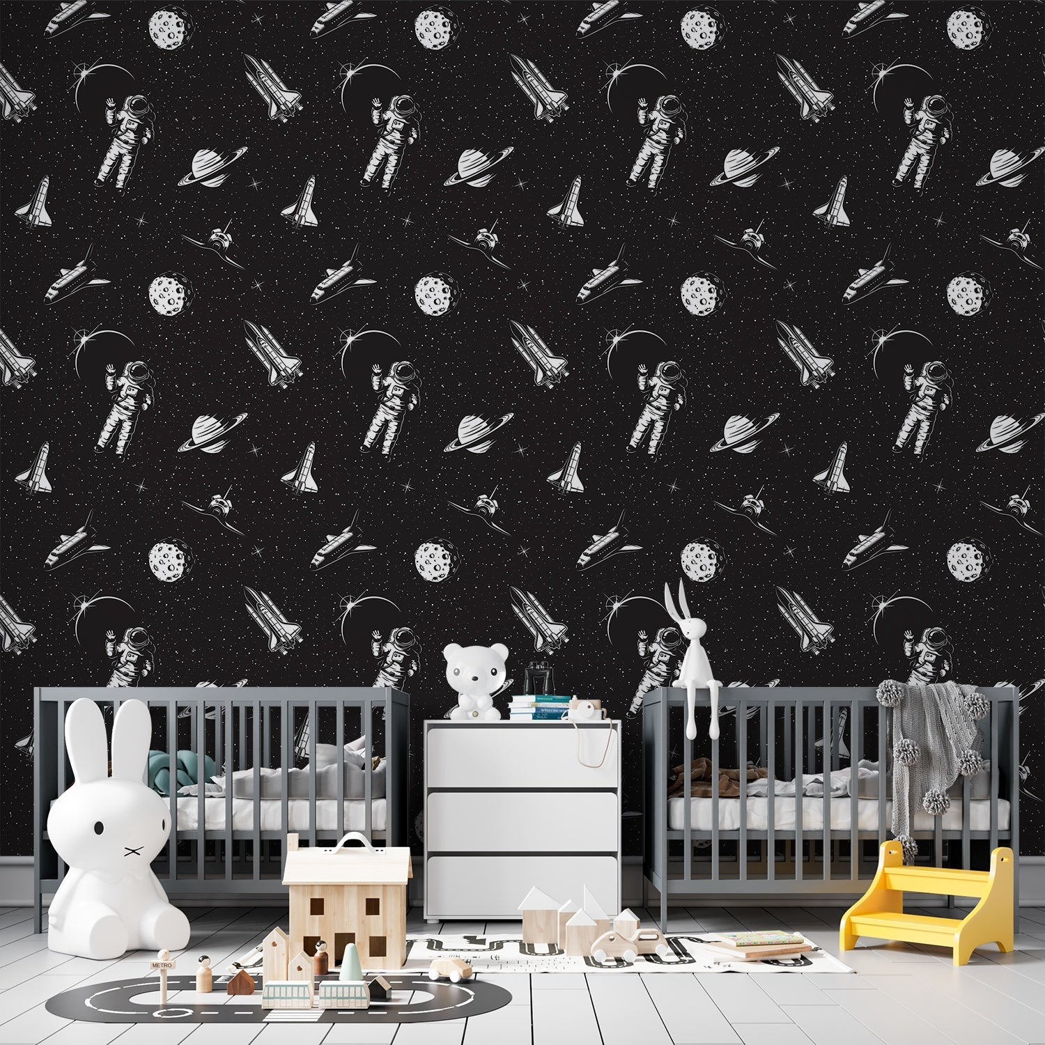 Black and white space themed pattern with astronauts, planets and rockets in modern style - view 3 - final kids-room