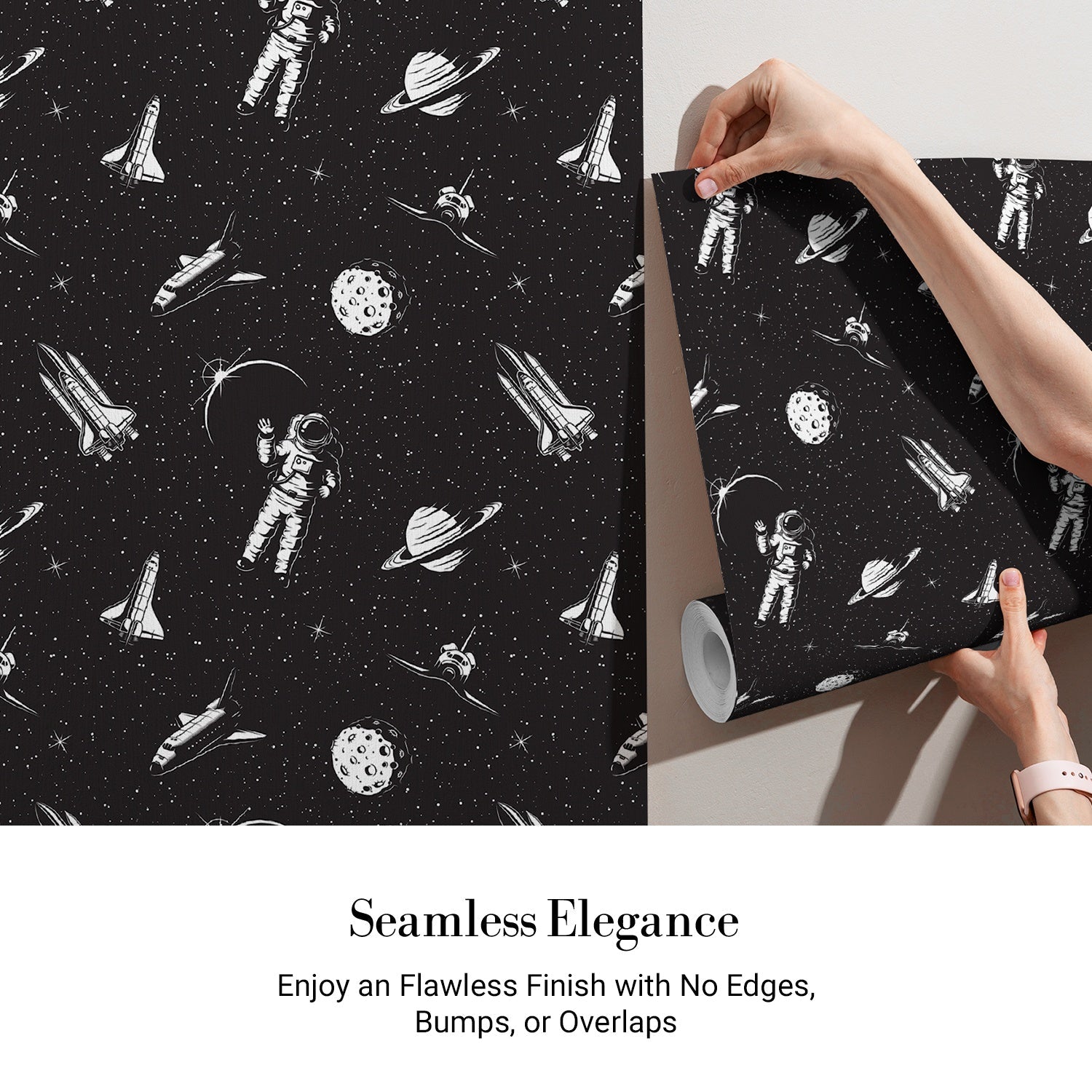 Black and white space themed pattern with astronauts, planets and rockets in modern style - view 4 - final
