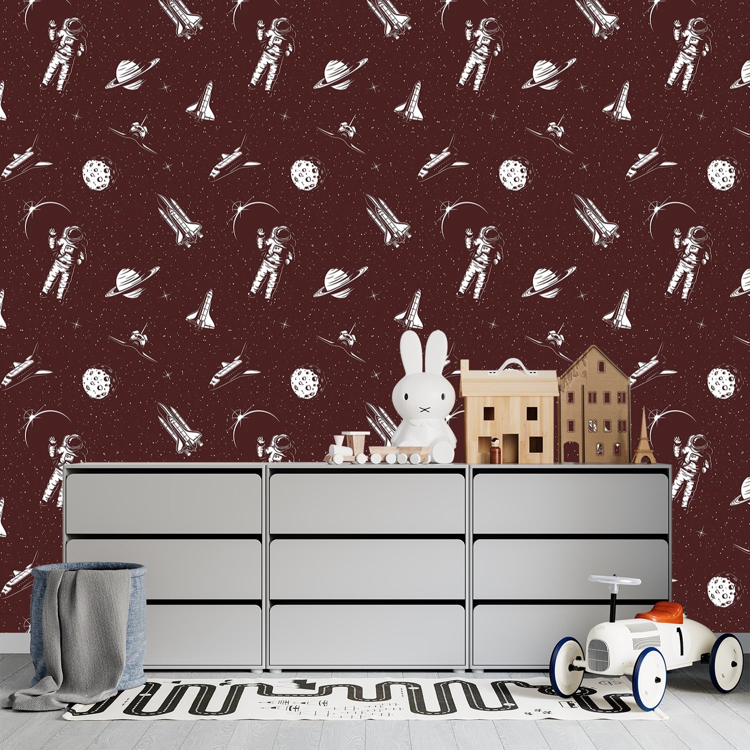 Black and white space themed pattern with astronauts, planets and rockets in modern style - view 8 - final kids-room