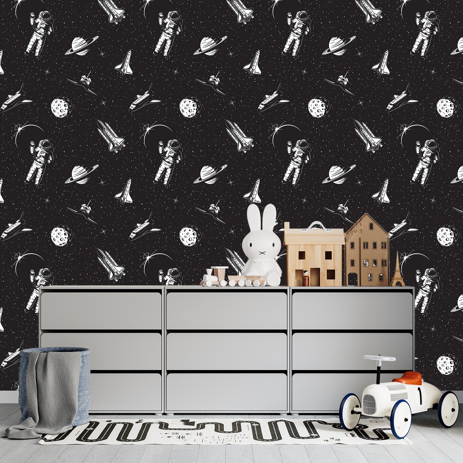 Black and white space themed pattern with astronauts, planets and rockets in modern style - final kids-room