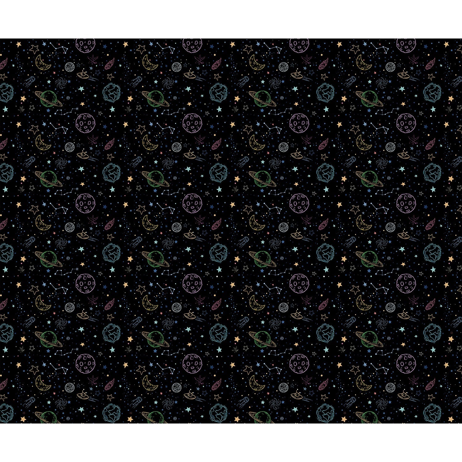 repeat-full-square Navy blue celestial pattern with outlined planets, stars and constellations for kids rooms - view 10 - final