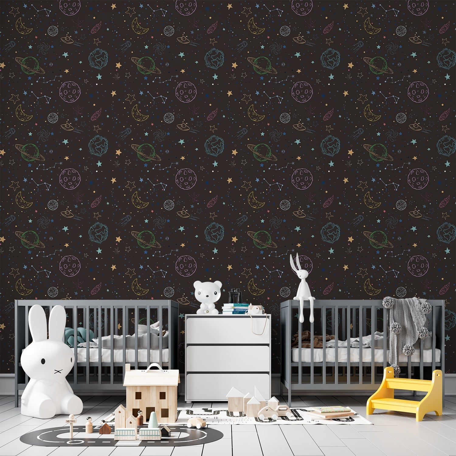 Navy blue celestial pattern with outlined planets, stars and constellations for kids rooms - view 13 - final