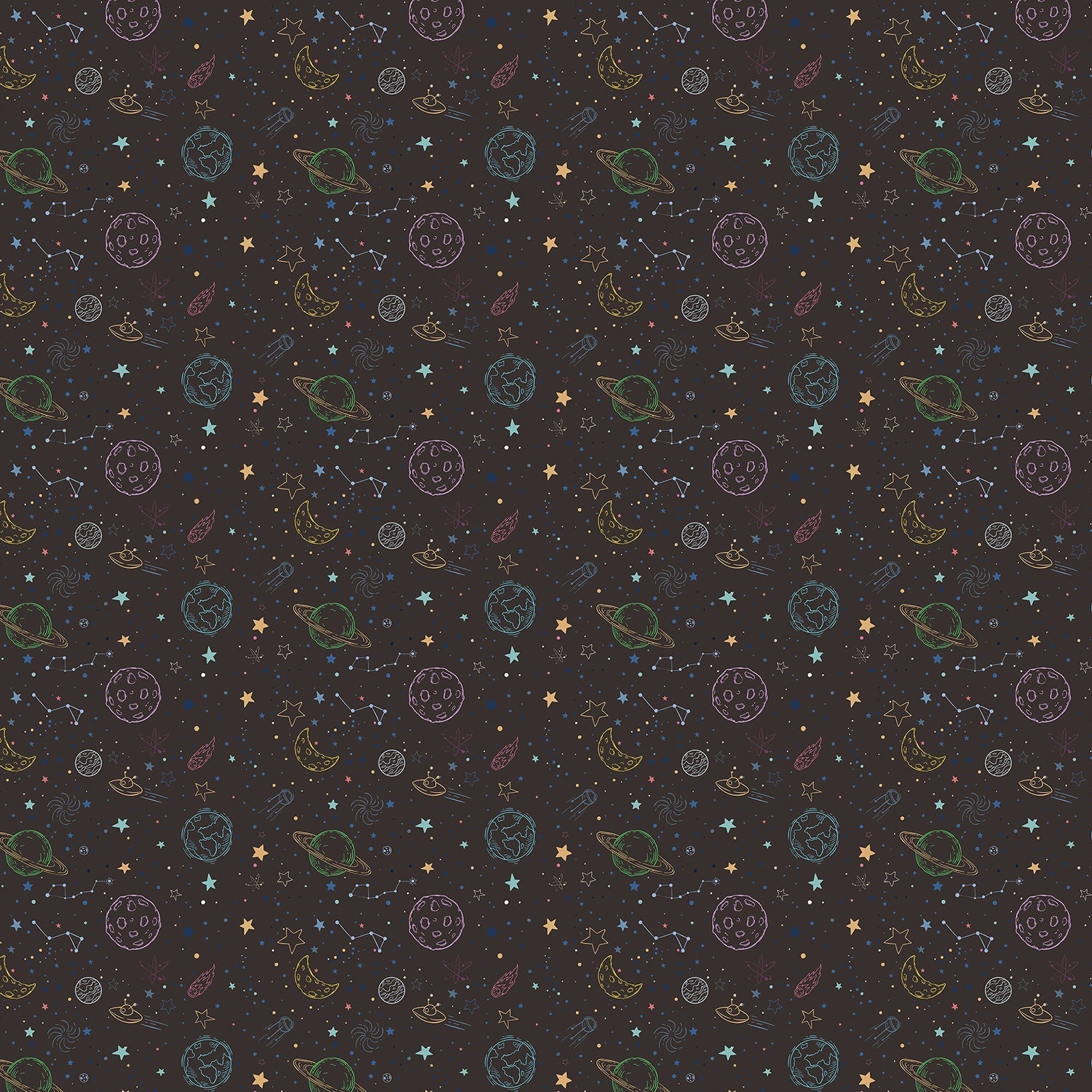 Navy blue celestial pattern with outlined planets, stars and constellations for kids rooms - view 14 - final