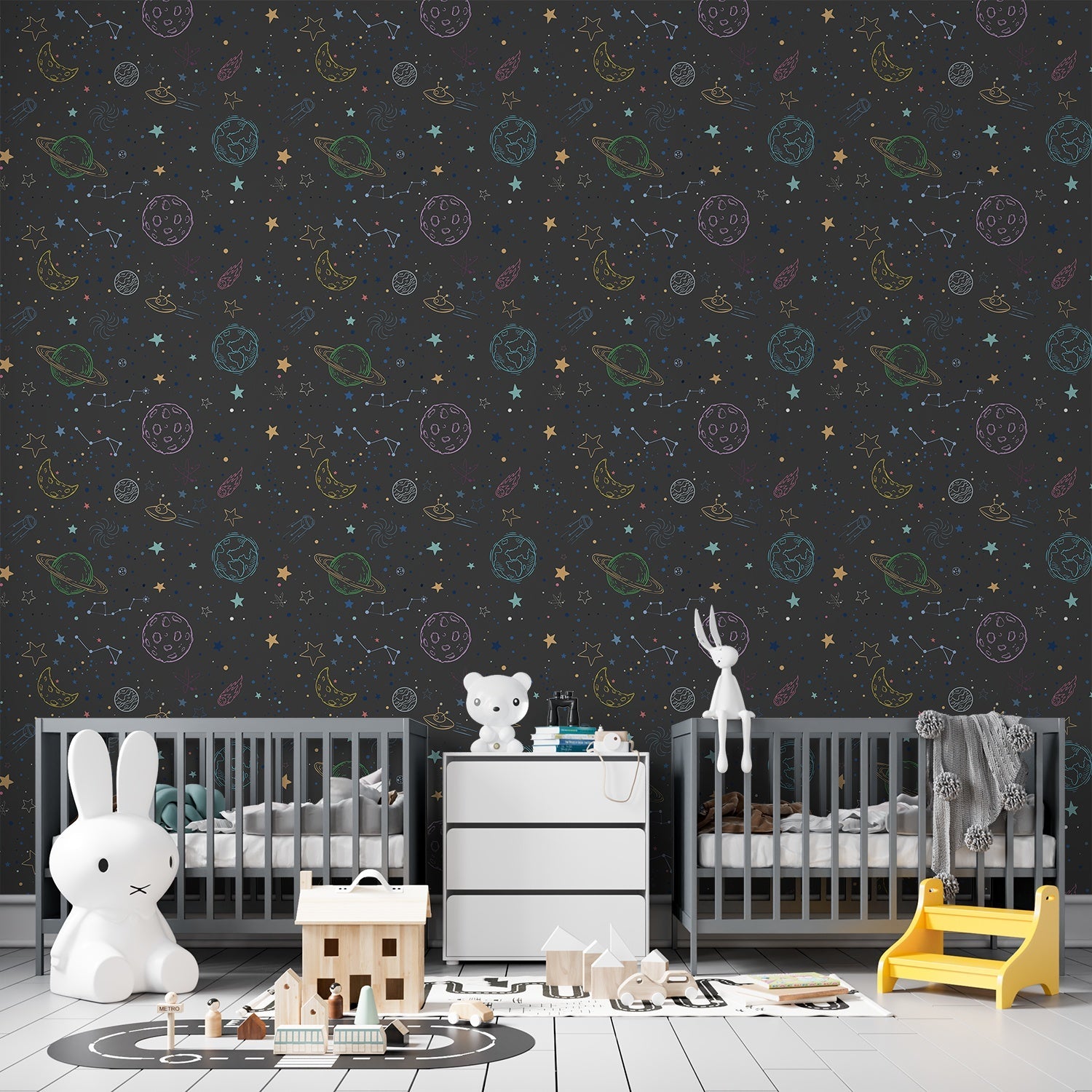 Navy blue celestial pattern with outlined planets, stars and constellations for kids rooms - view 18 - final