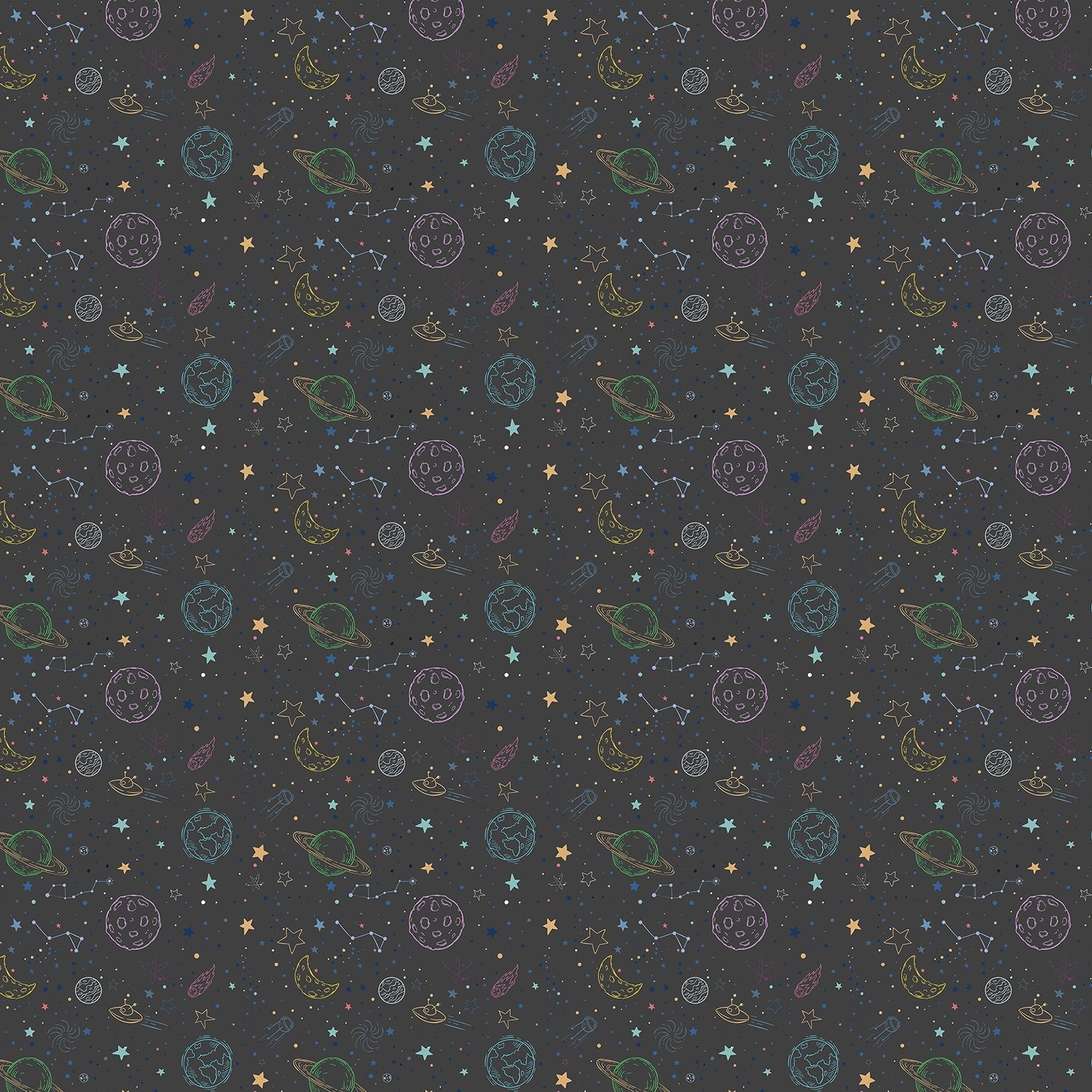 Navy blue celestial pattern with outlined planets, stars and constellations for kids rooms - view 19 - final
