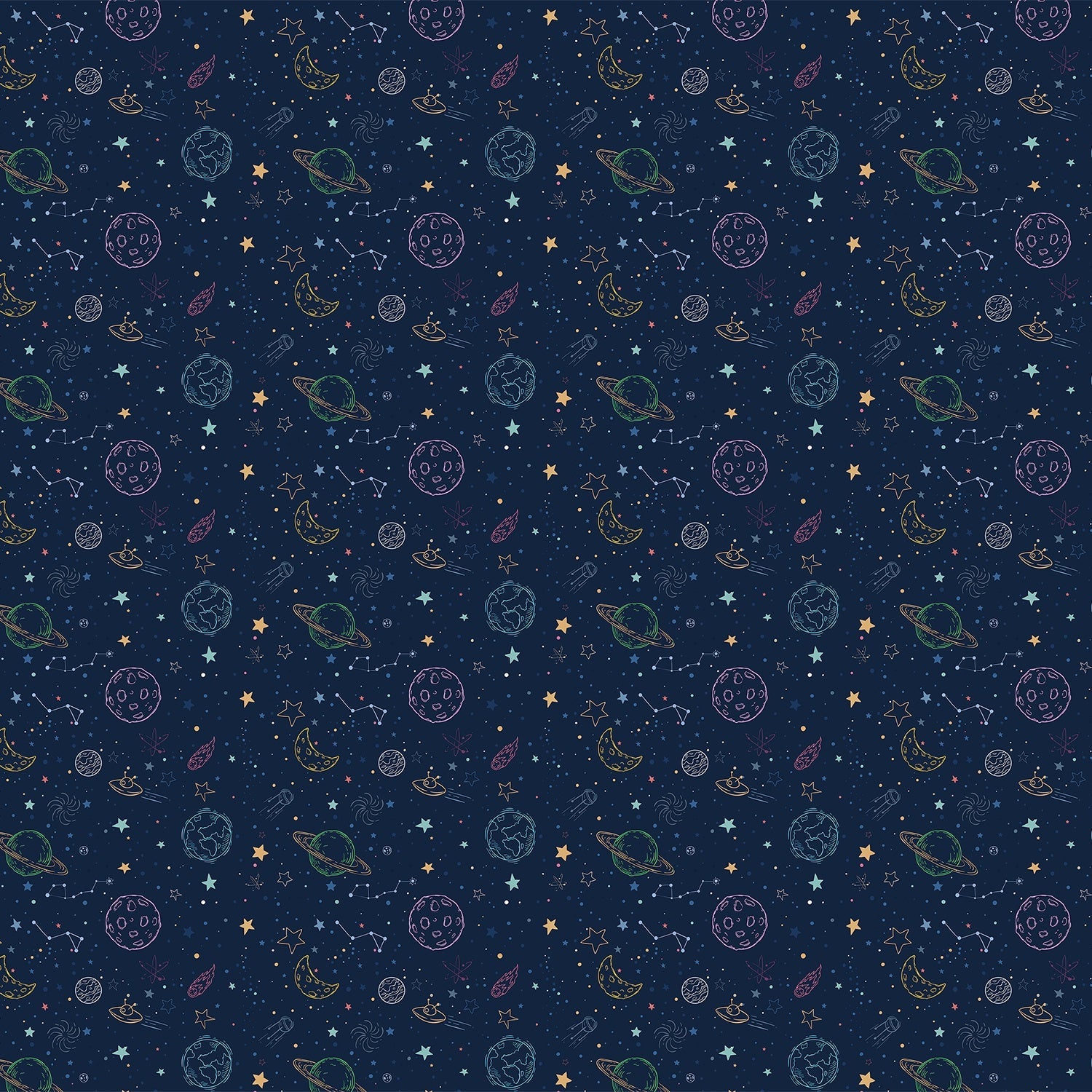 Navy blue celestial pattern with outlined planets, stars and constellations for kids rooms - view 2 - final