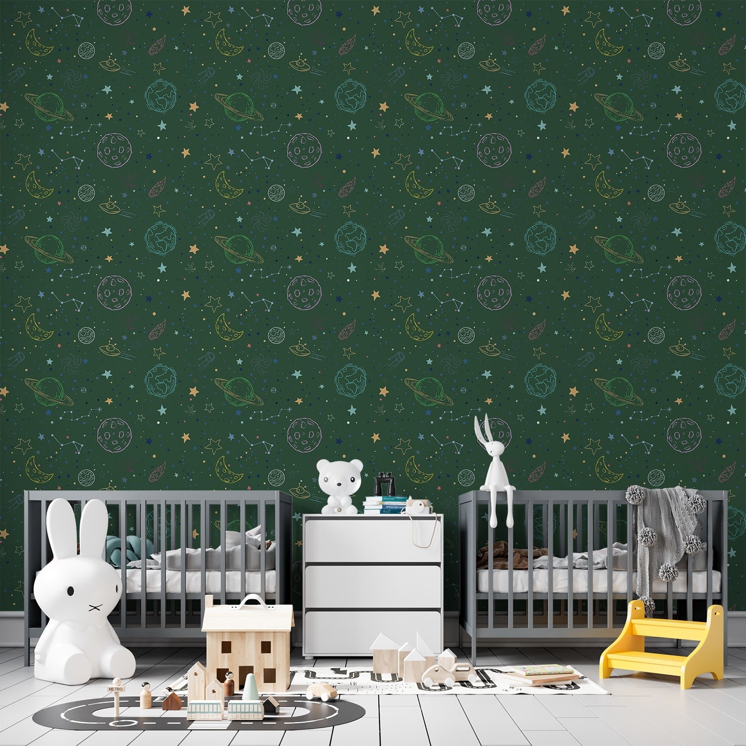 Navy blue celestial pattern with outlined planets, stars and constellations for kids rooms - view 23 - final