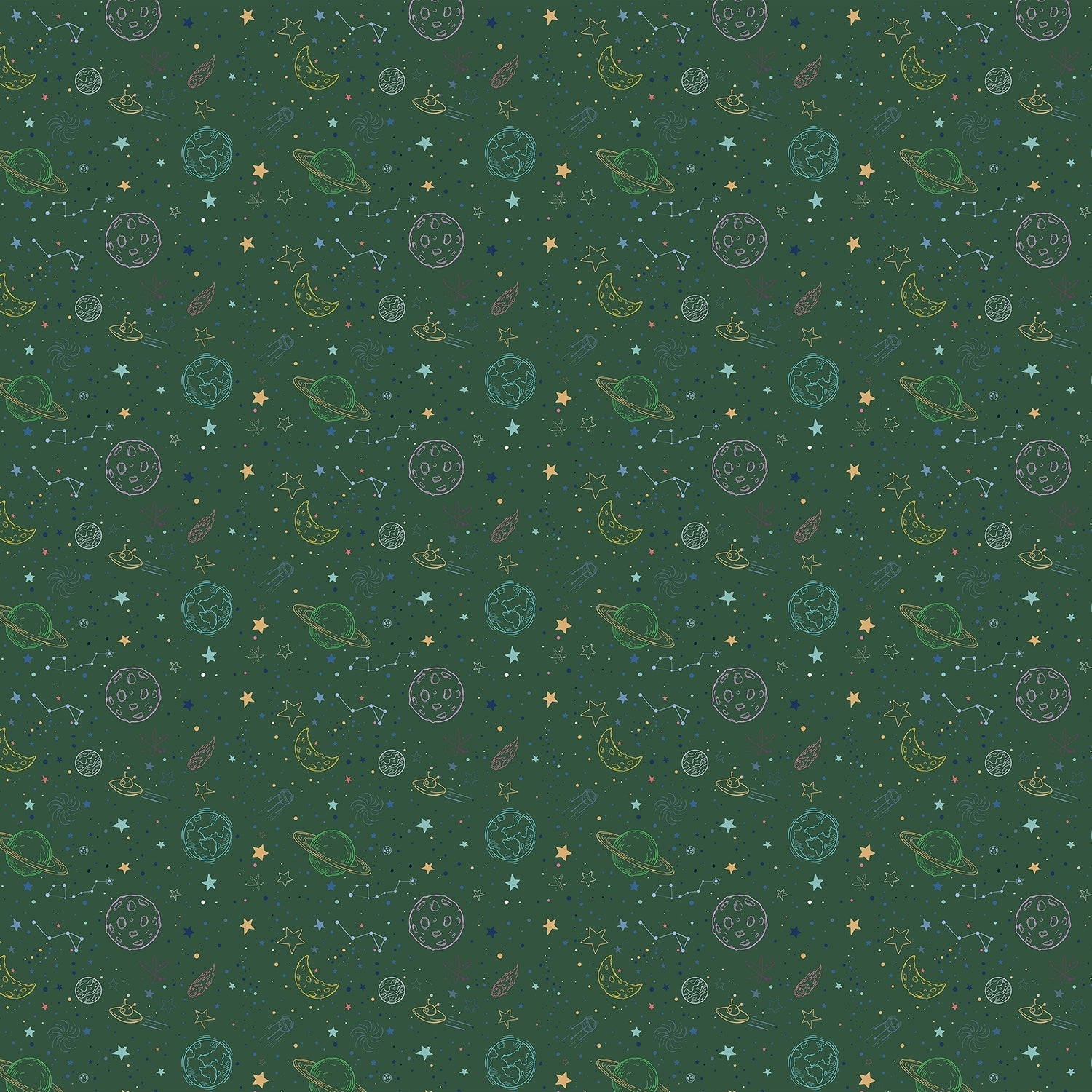 Navy blue celestial pattern with outlined planets, stars and constellations for kids rooms - view 24 - final