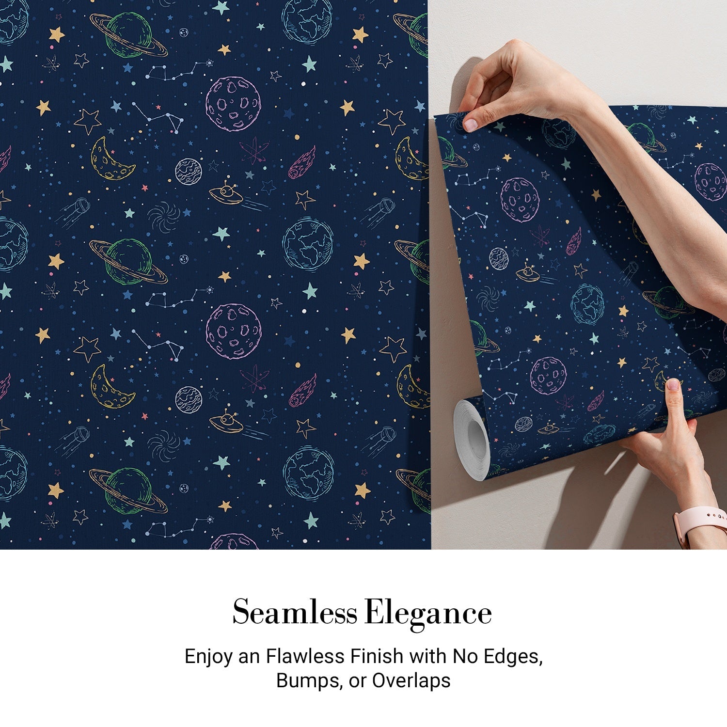 Navy blue celestial pattern with outlined planets, stars and constellations for kids rooms - view 3 - final