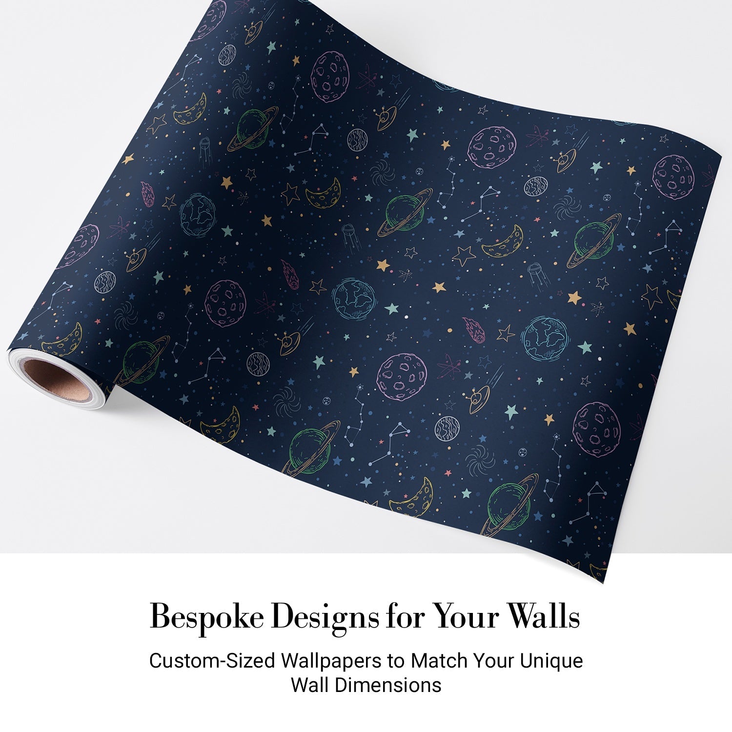 Navy blue celestial pattern with outlined planets, stars and constellations for kids rooms - view 4 - final